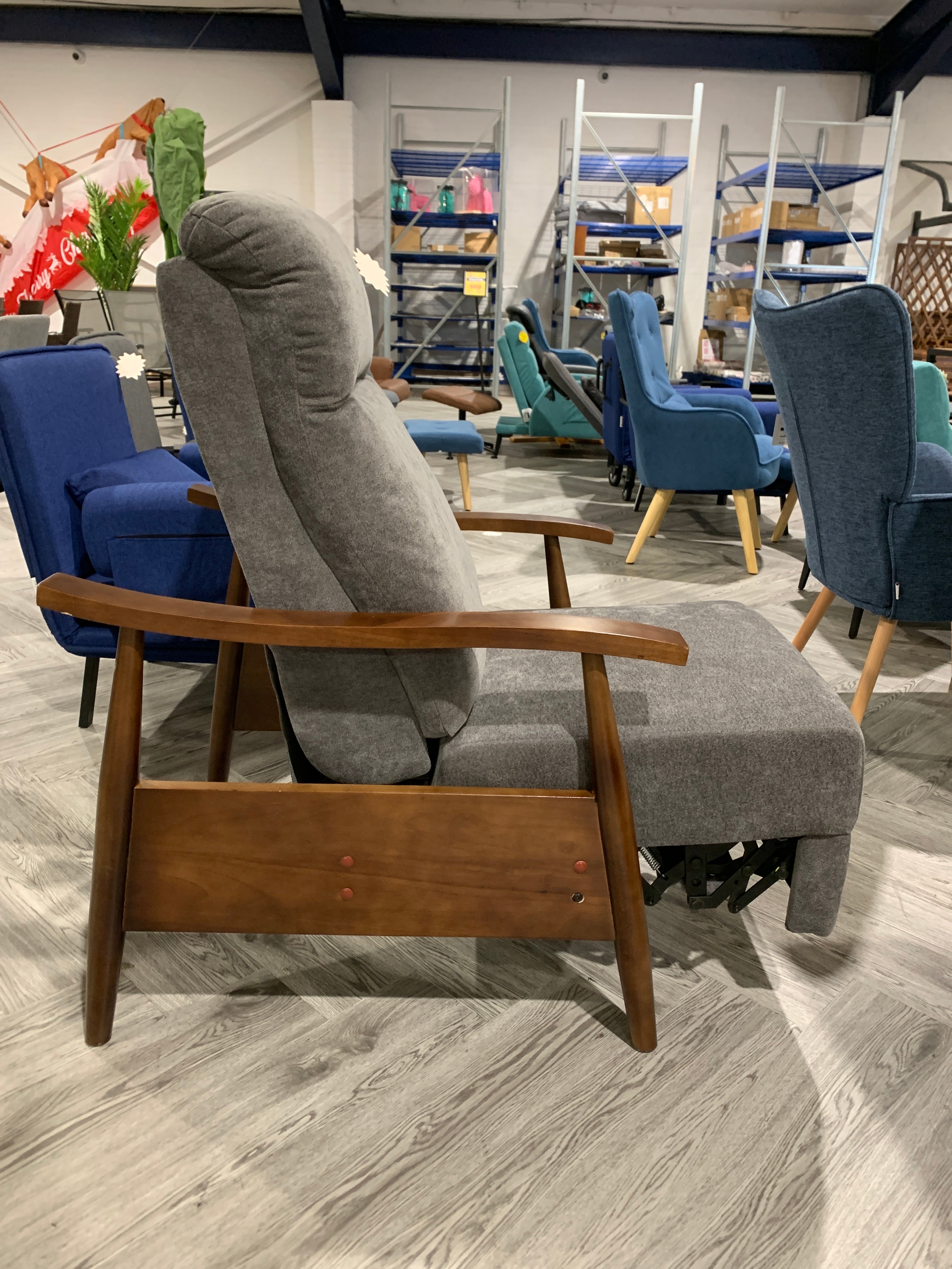 Grey Manual Recliner Armchair with Wooden Armrest