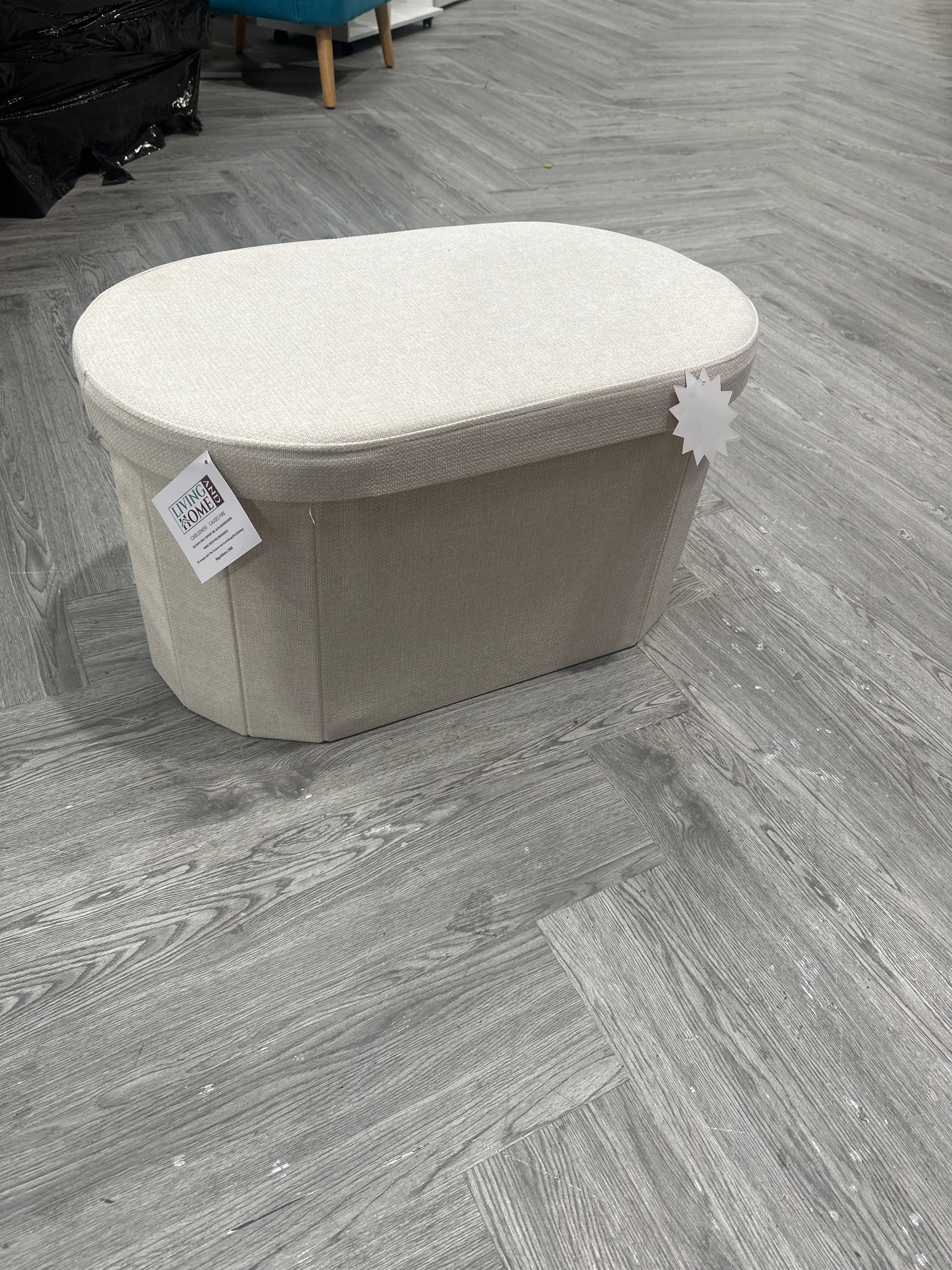 Oval Shaped Linen Upholstered Storage Bench Beige