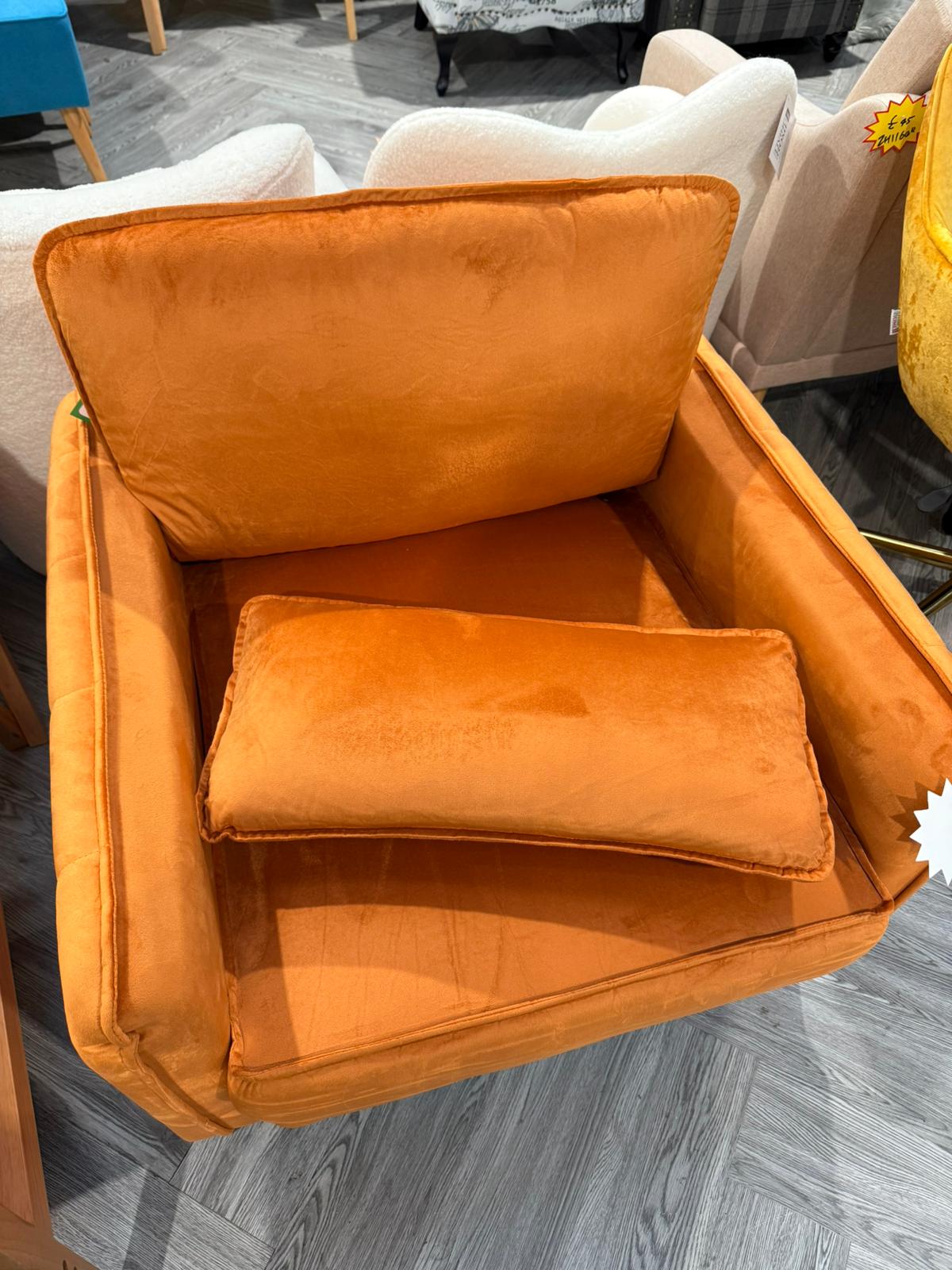 Velvet Upholstered Single Sofa Armchair with a Cushion Orange
