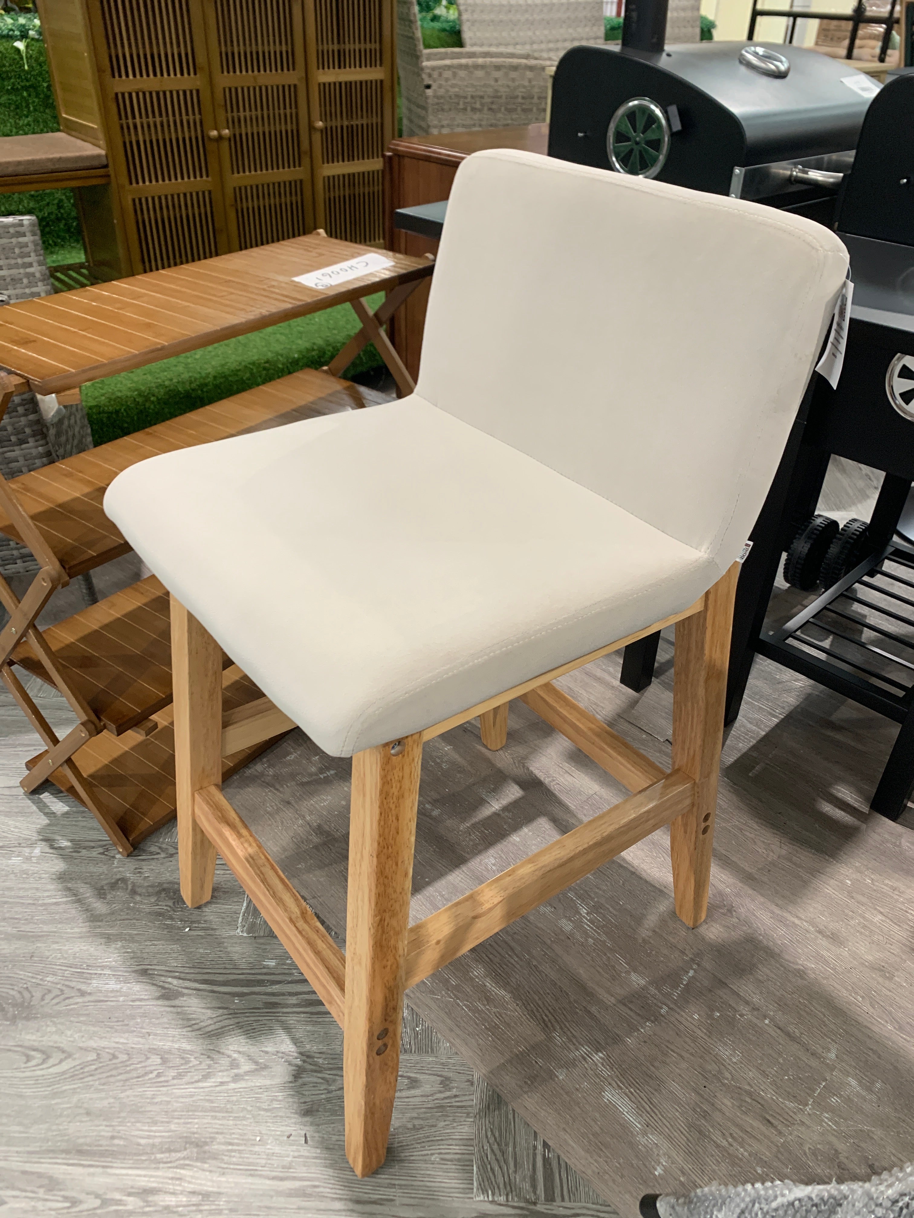 Velvet Upholstered Bar Stool with Wooden Legs Beige 1PC