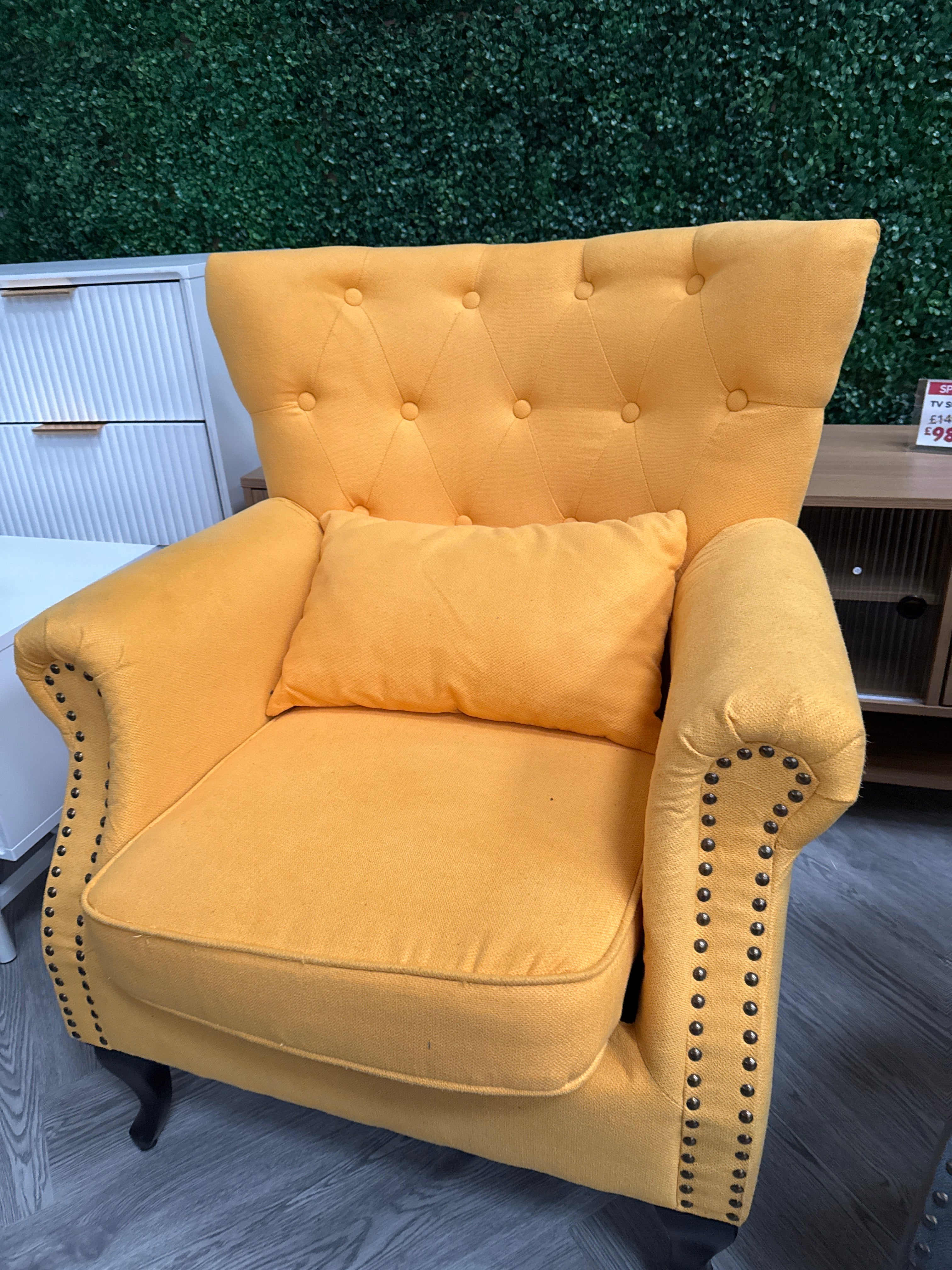 Yellow Upholstered Nail Head Modern Buttoned Linen Armchair with Lumbar Pillow and Cushion
