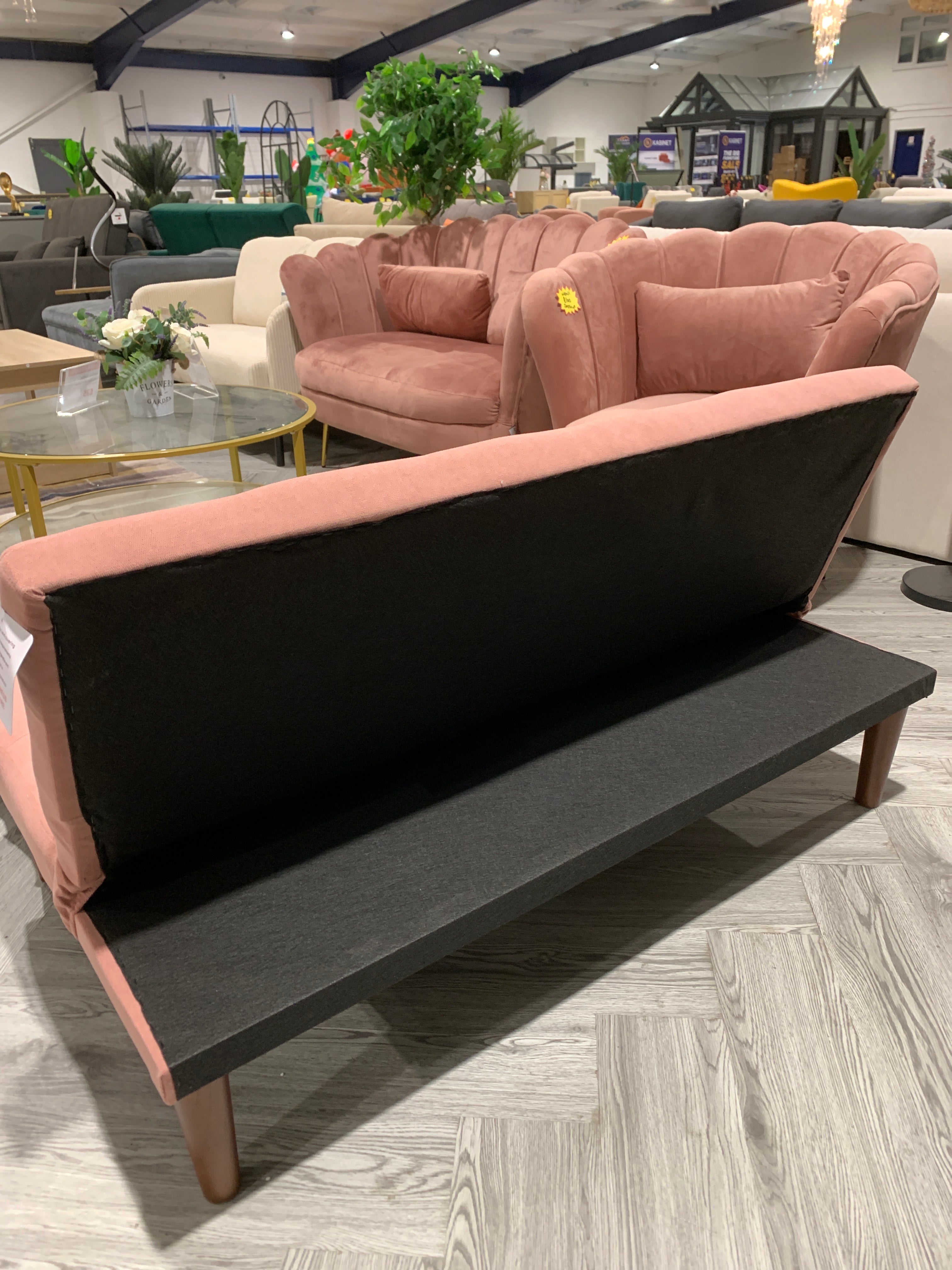 Pink Small 2-Seater Padded Convertible Sofa Bed with Wooden Legs
