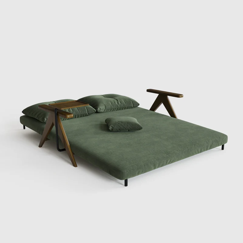 New Foldable Matte Fabric Solid Wood 3 Mode Sofa Bed Green 148cm W