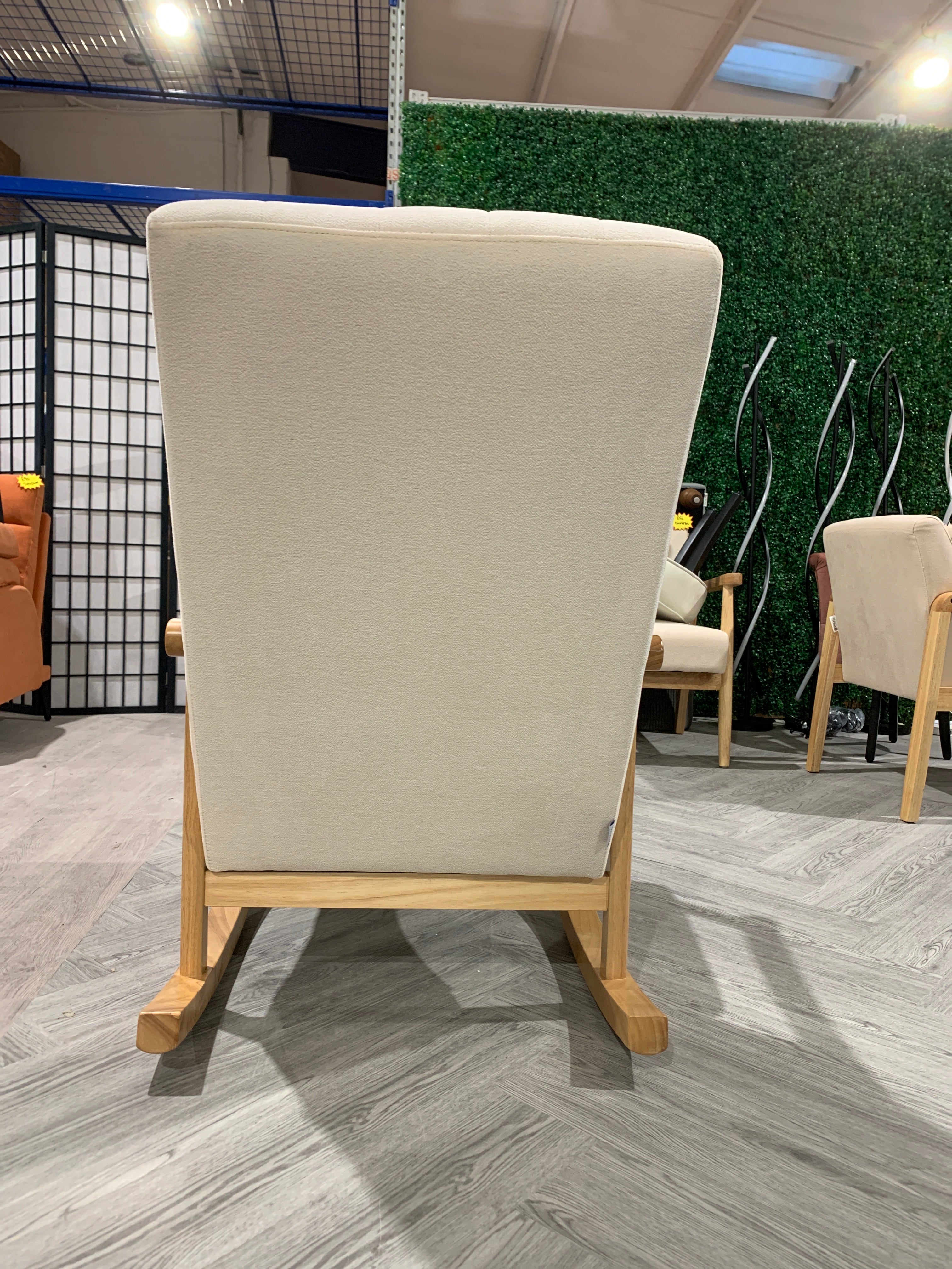 Beige Velvet Upholstered Tufting Wooden Arms Rocking Chair
