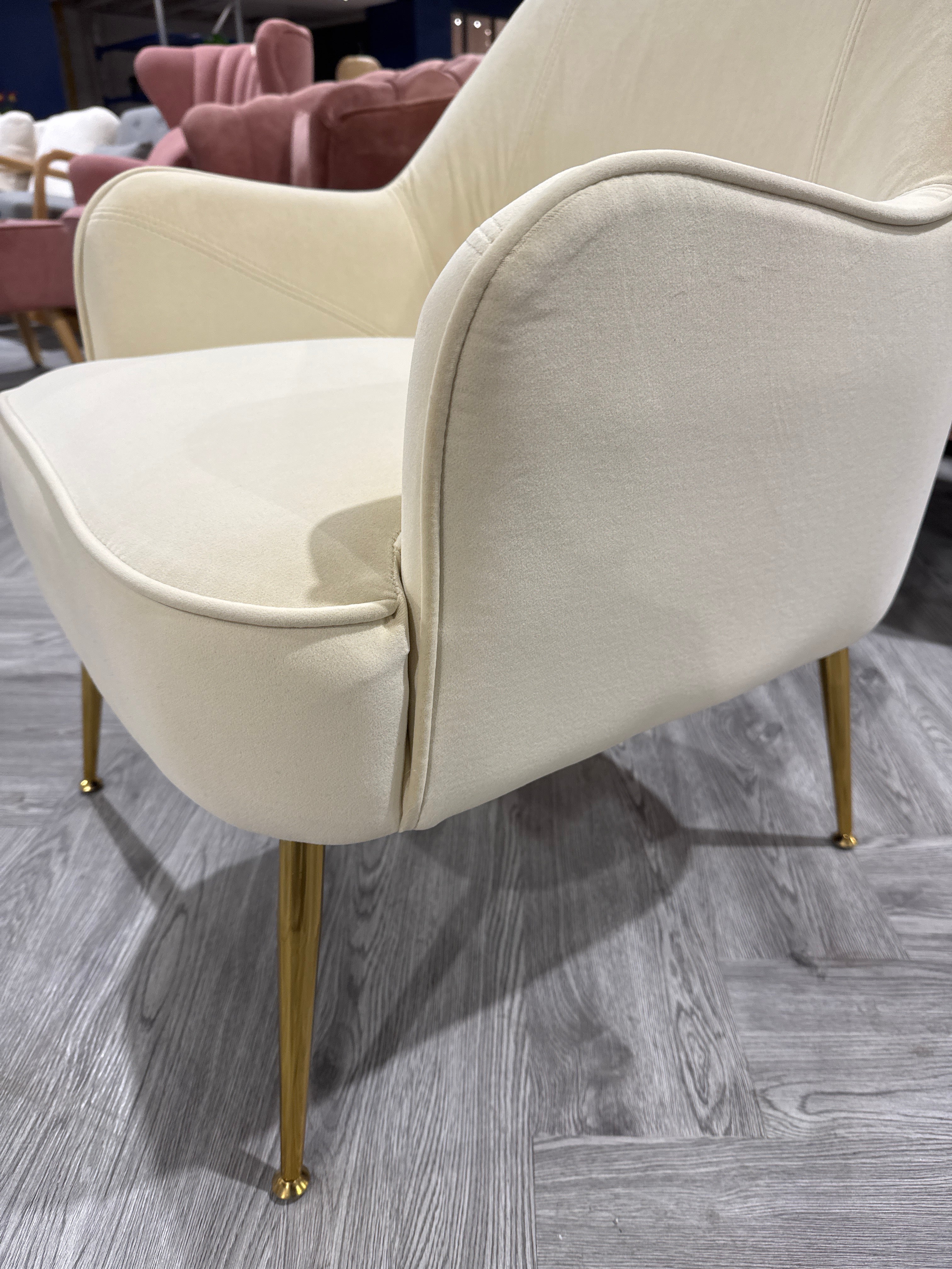 White Contemporary Upholstered Comfy Armchair with Gold Plated Feet