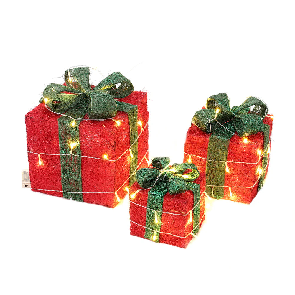 Set of 3 Light-Up Square Christmas Gift Boxes Glitter Presents Decoration