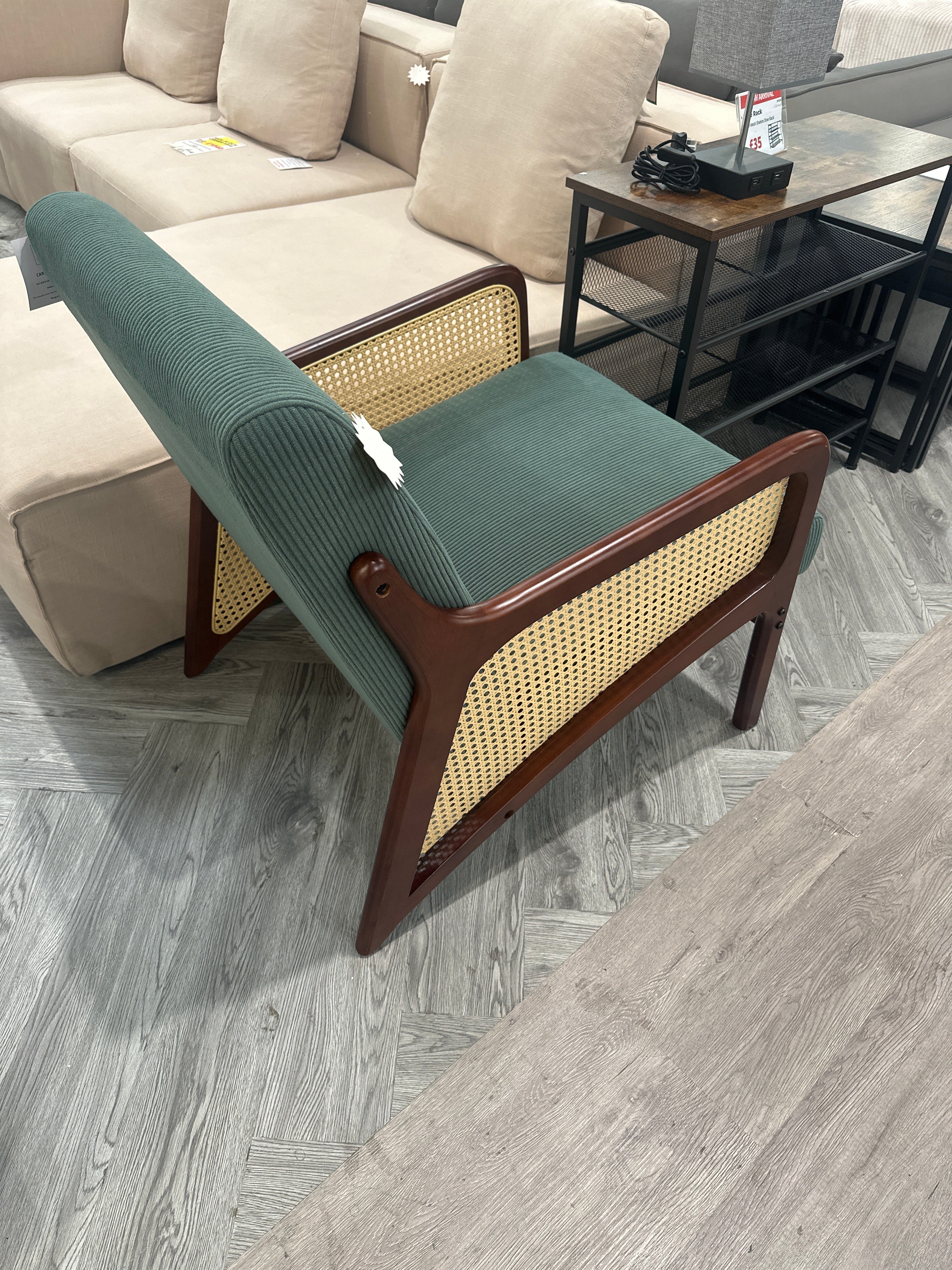 Corduroy Armchair with Rattan Armrest Green