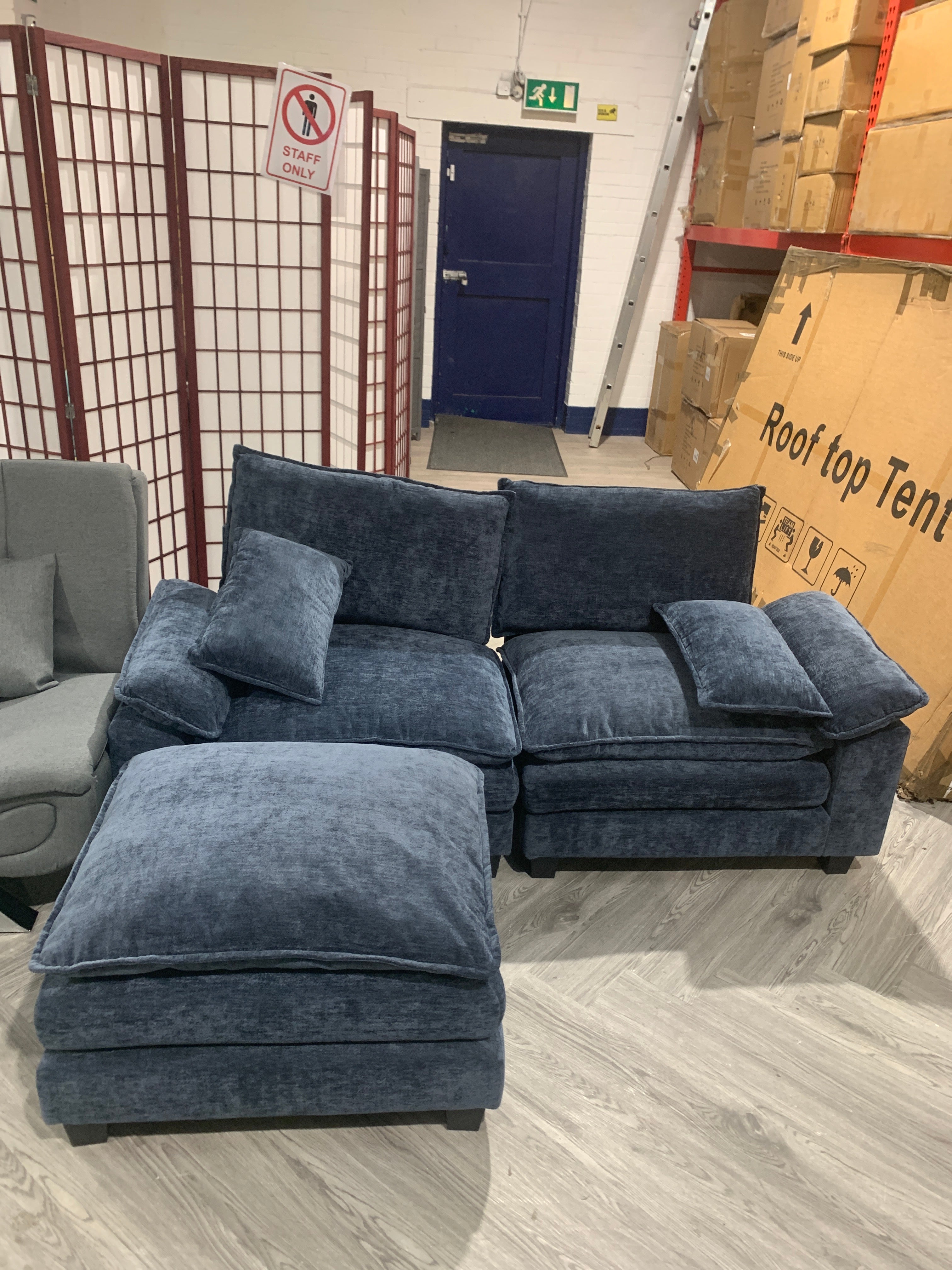 Chenille Upholstered Sectional Sofa with Ottoman and Lumbar Pillows Dark Blue