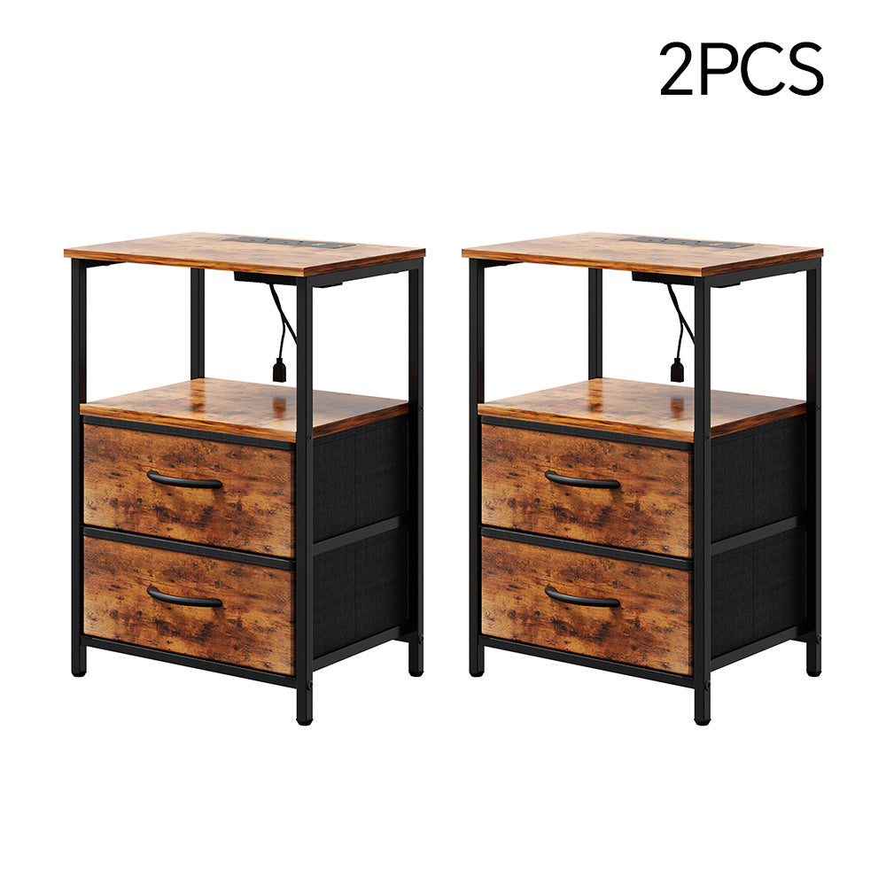 New Set of 2 Bedside Table with Charging Station and LED Lights Rustic Brown
