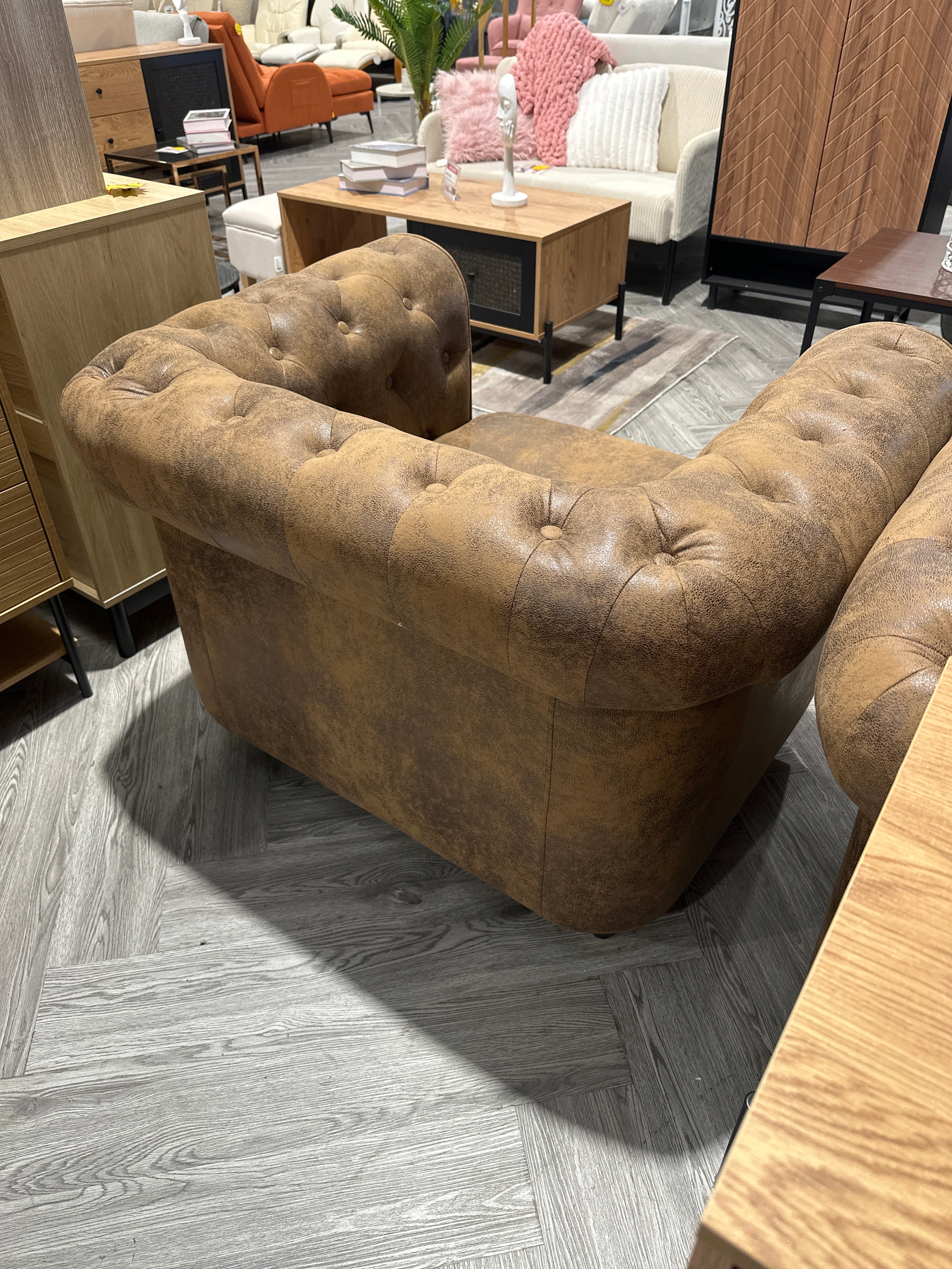 Mid Century Leather Accent Wingback Chesterfield Armchair