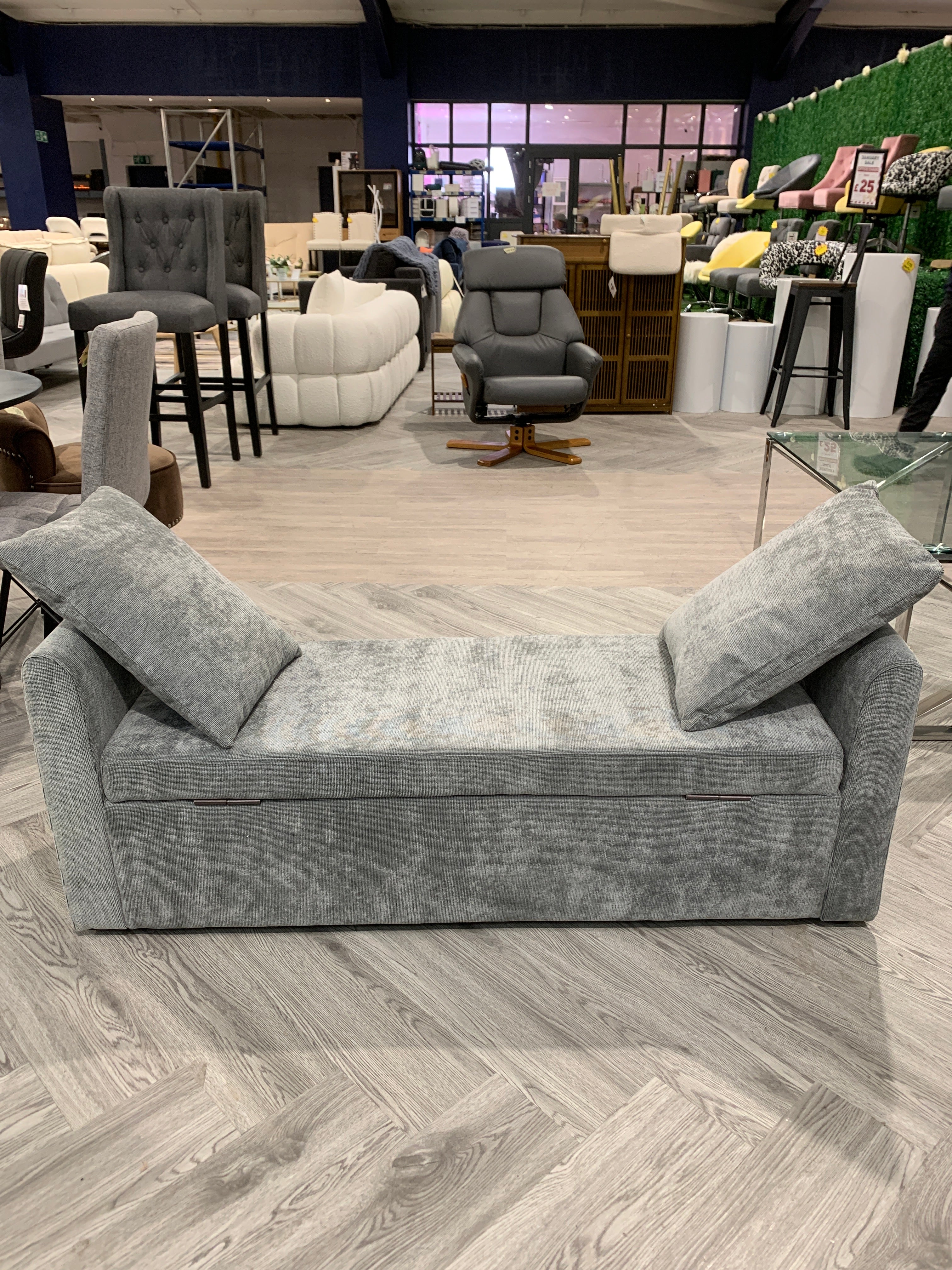 Chenille Upholstered Storage Bench with 2 Pillows Grey