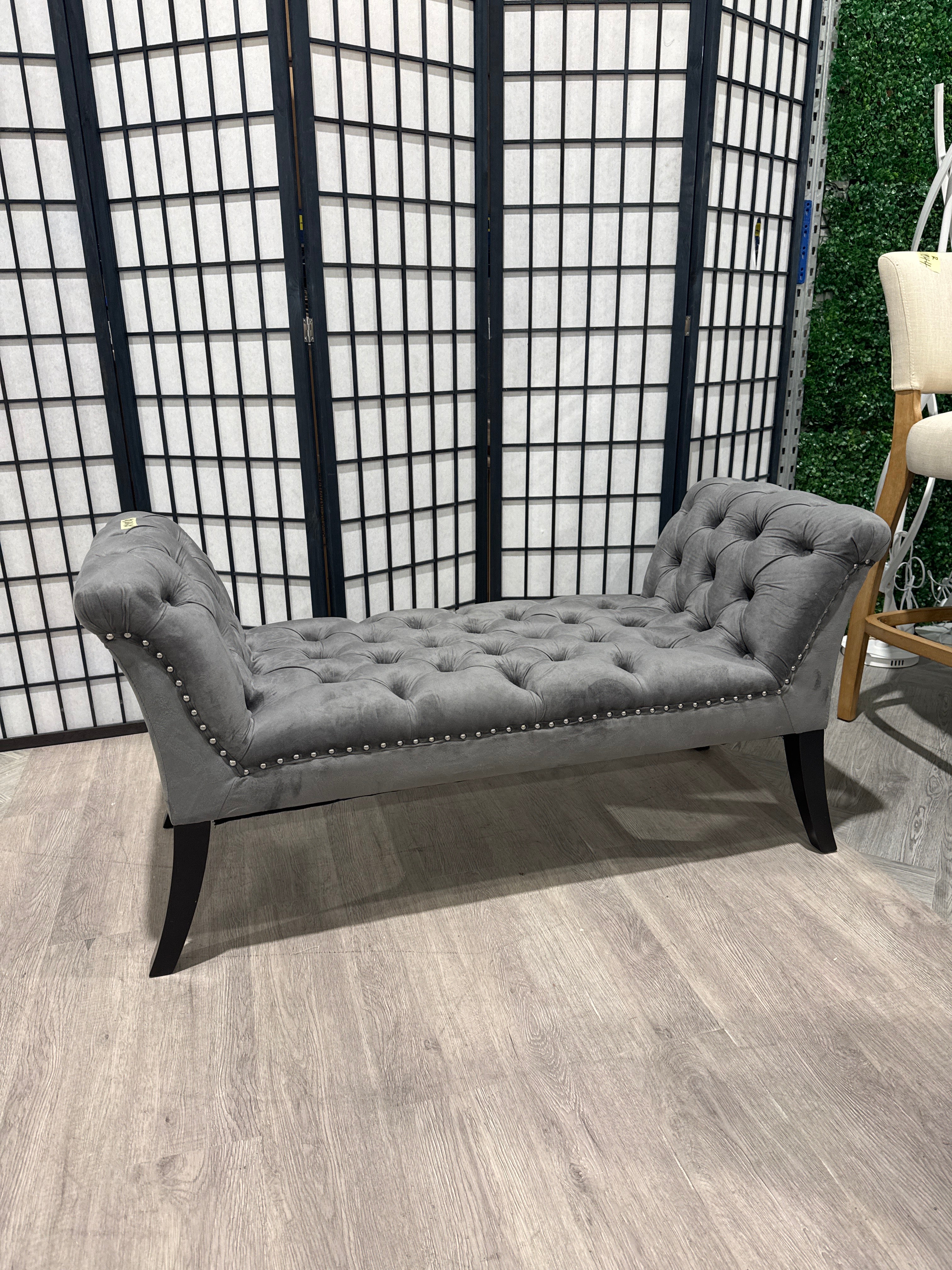 Grey Armed Velvet Buttoned Bed Bench