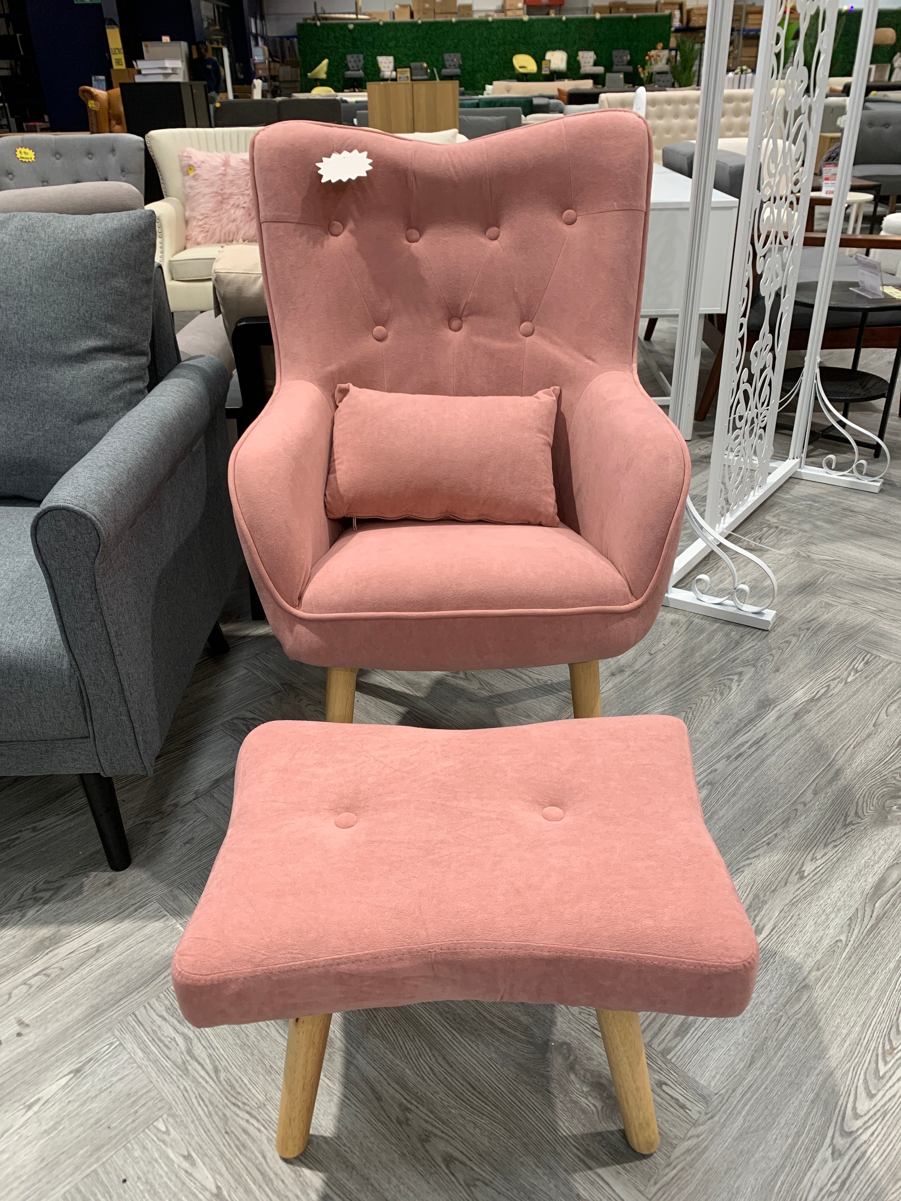 Pink Velvet Upholstered Armchair with Footstool and Cushion
