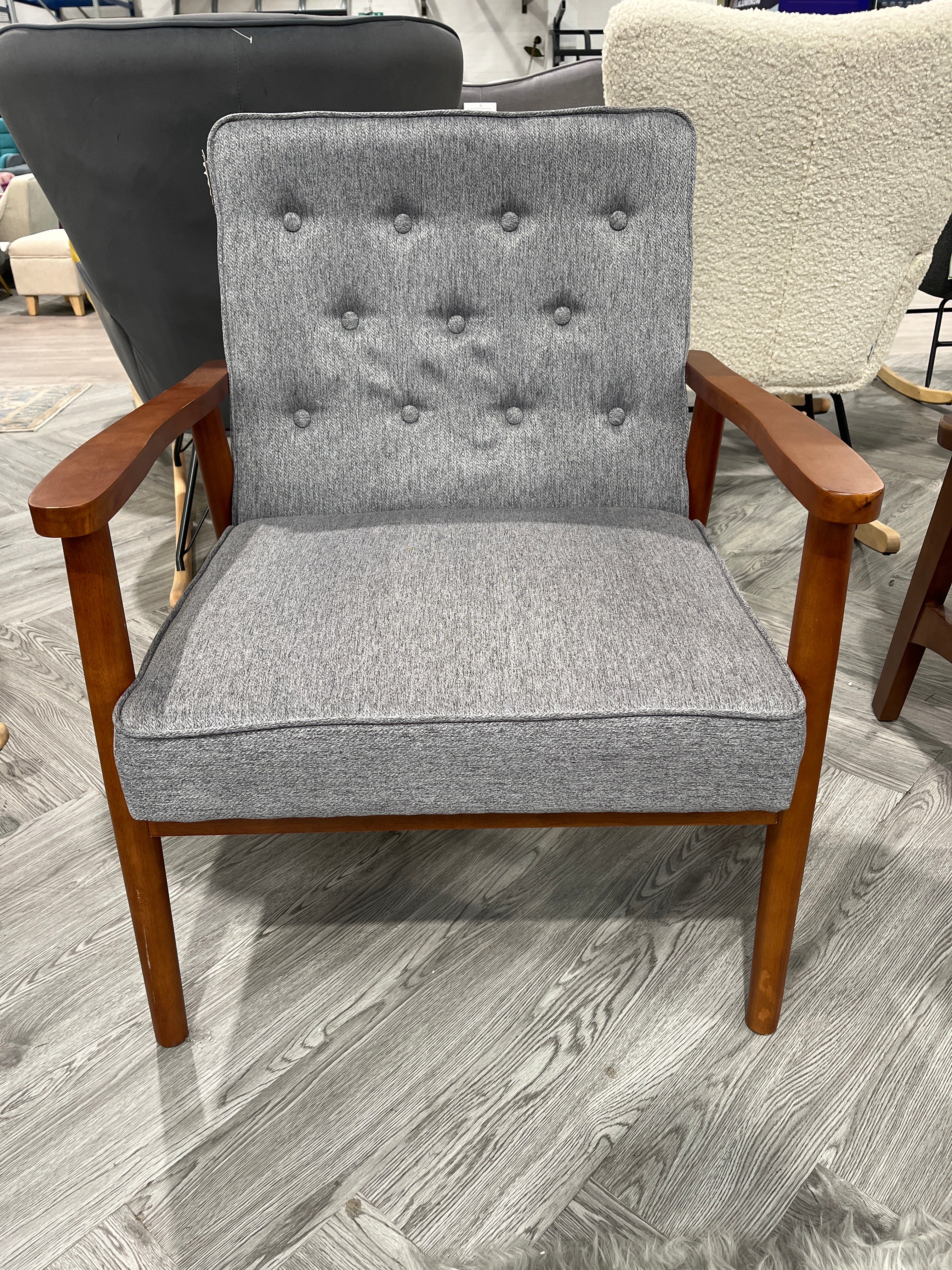Grey Linen Upholstered Modern Wood Frame Armchair