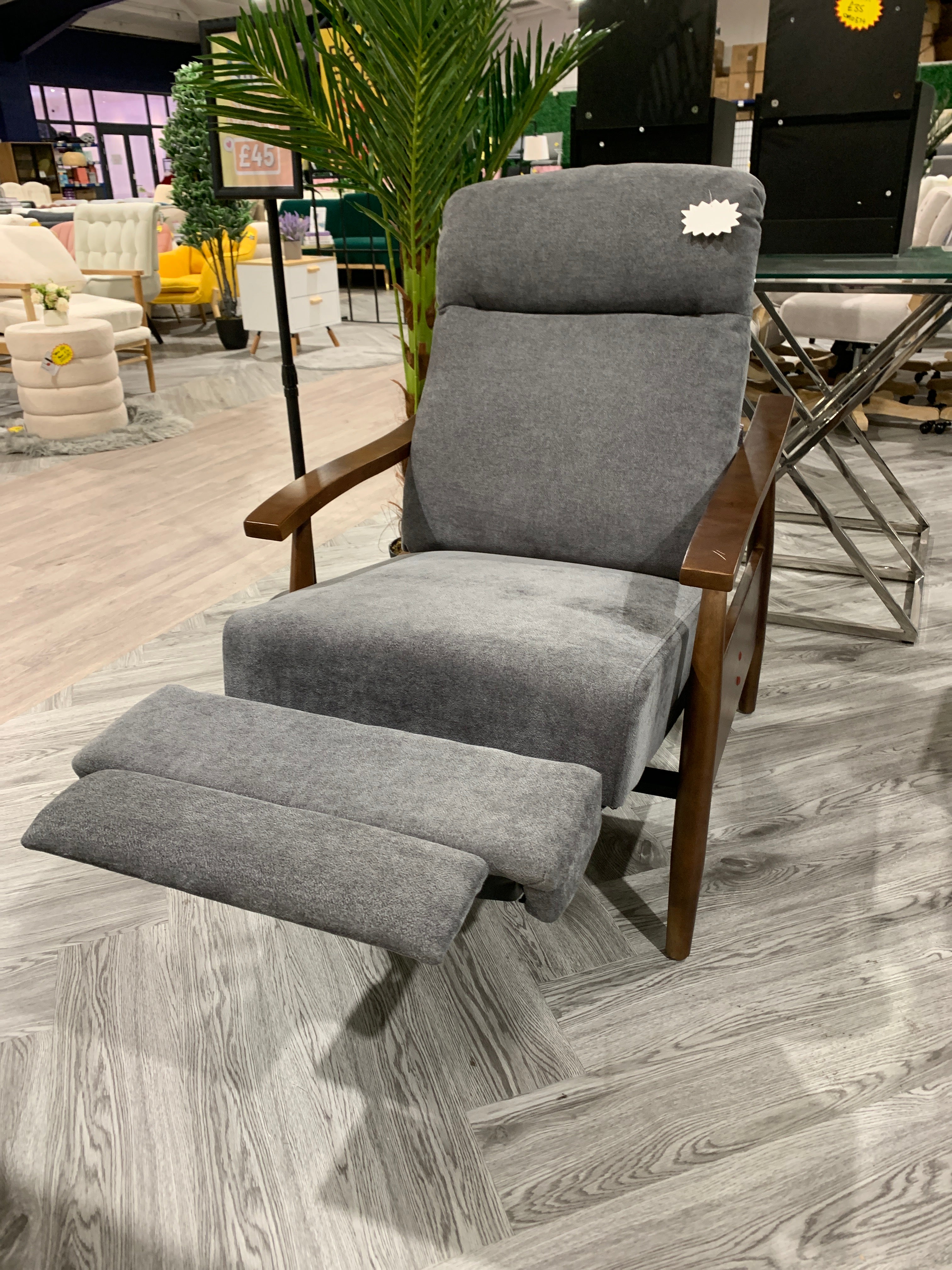 Grey Manual Recliner Armchair with Wooden Armrest