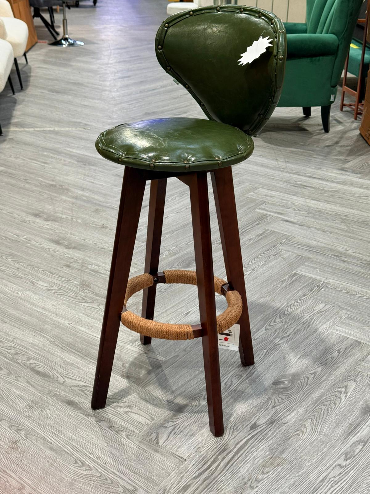 Vintage PU Leather Upholstered Bar Stool with Wooden Legs Green 1PC