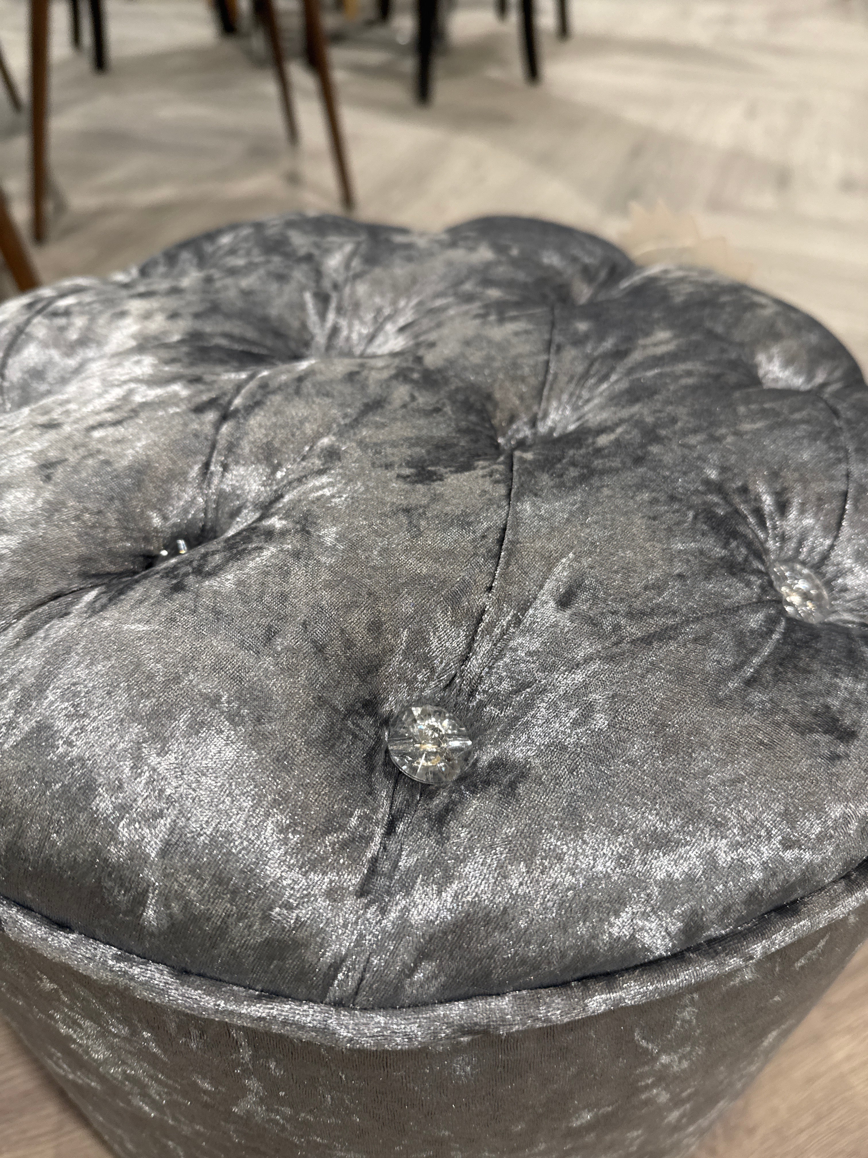 Round Velvet Diamante Buttoned Footstool Silver Grey