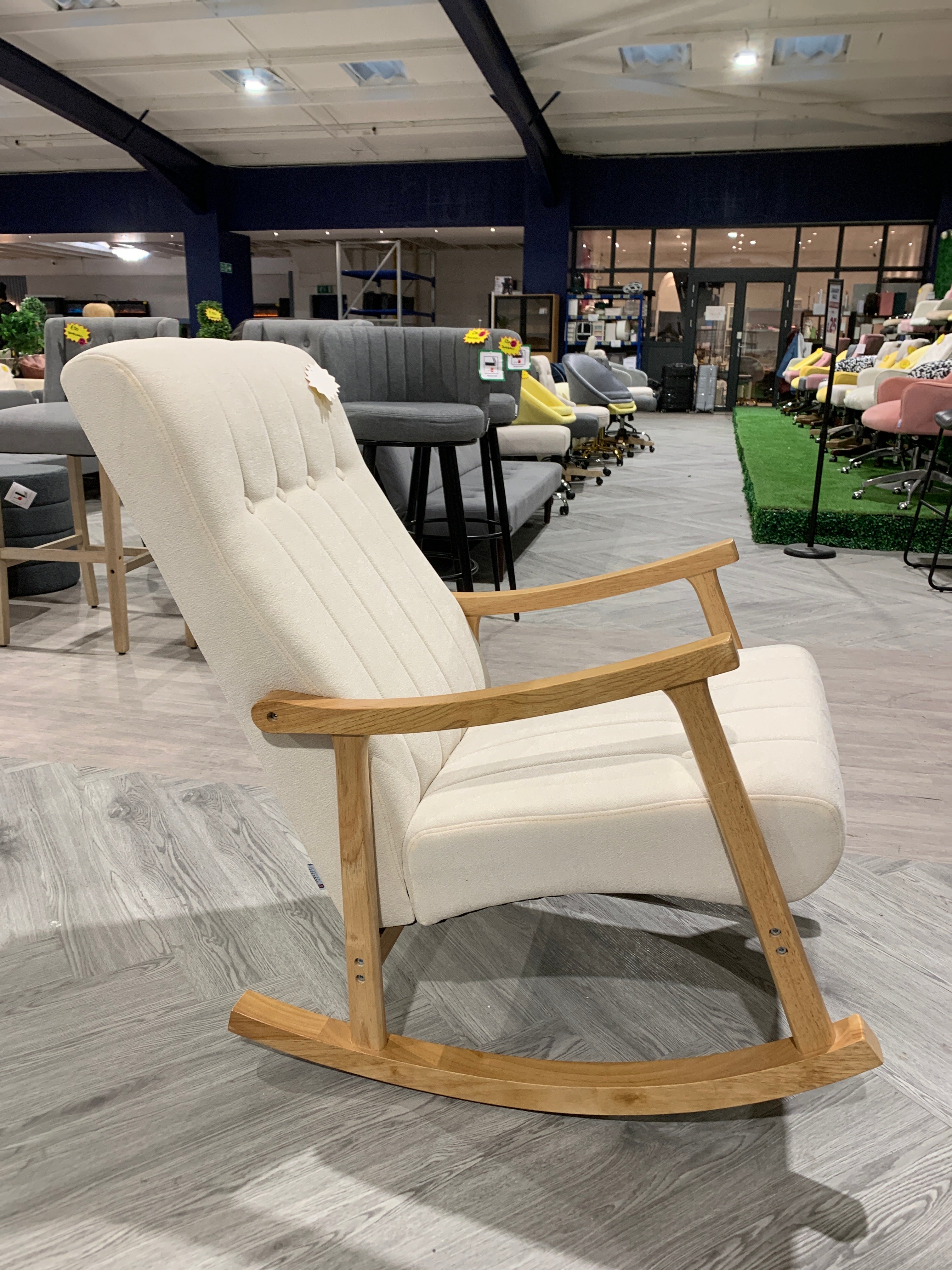Beige Velvet Upholstered Tufting Wooden Arms Rocking Chair