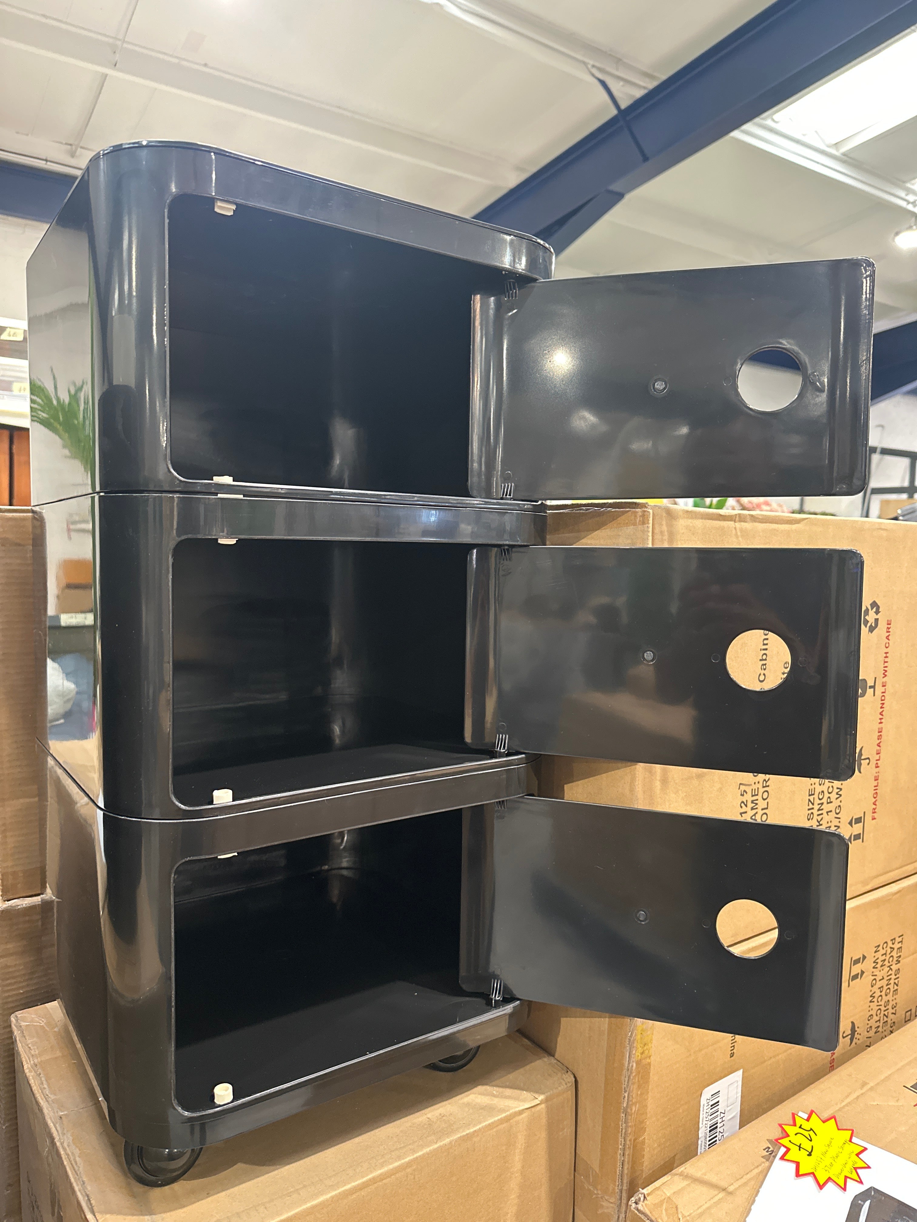 New Square 3 Tier Plastic Storage Drawer Unit with Wheels Black