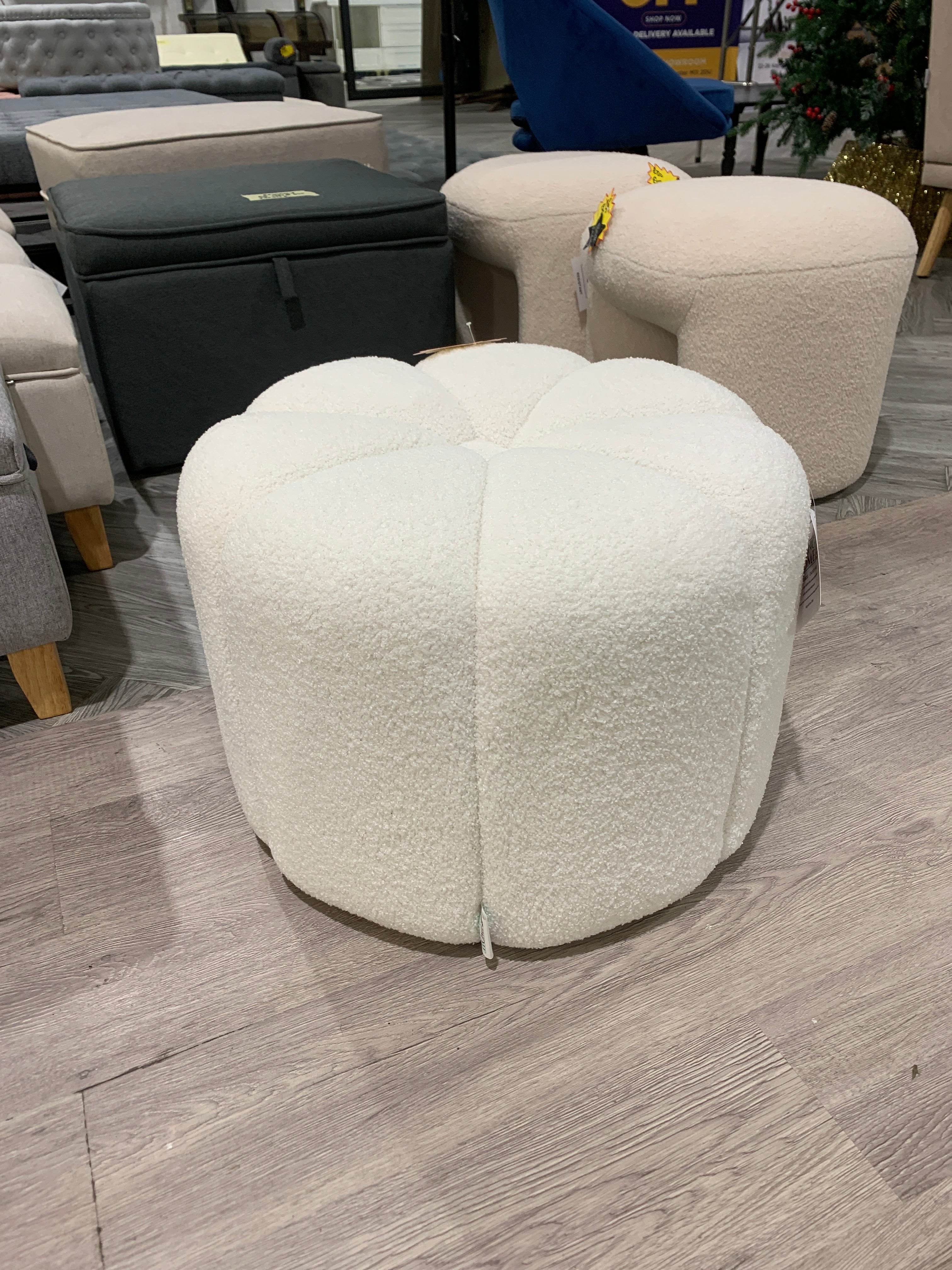 White Round Shape Teddy Fabric Footstool