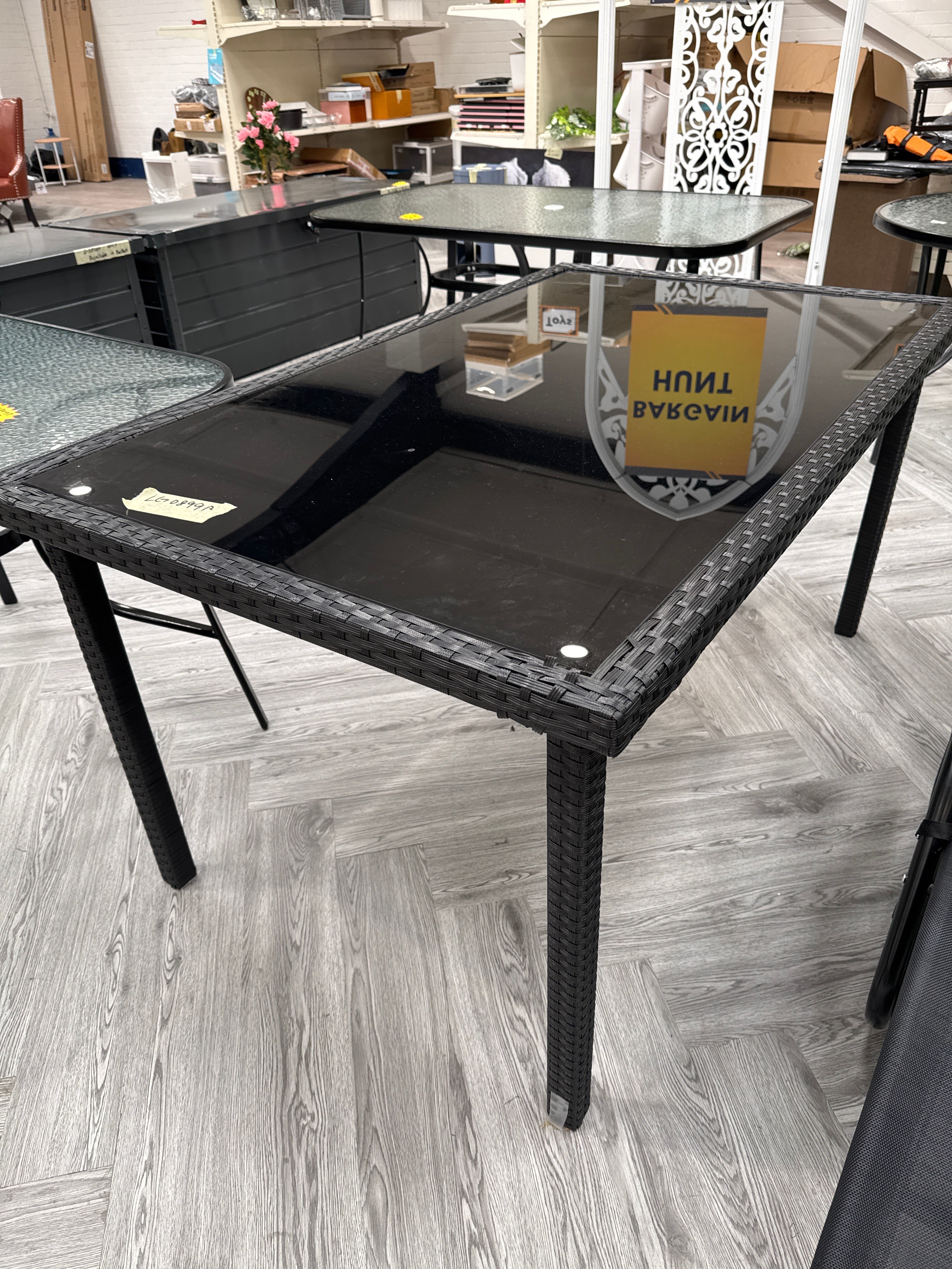 Rustic Rectangle Outdoor Wicker Table with Tempered Glass Tabletop Black