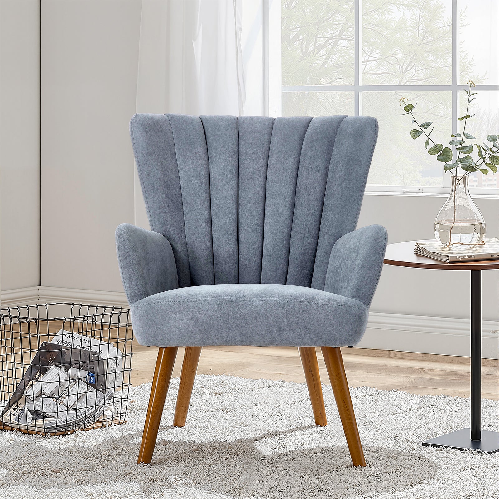 New Velvet Upholstered Channel Wingback Armchair with Wooden Legs Grey