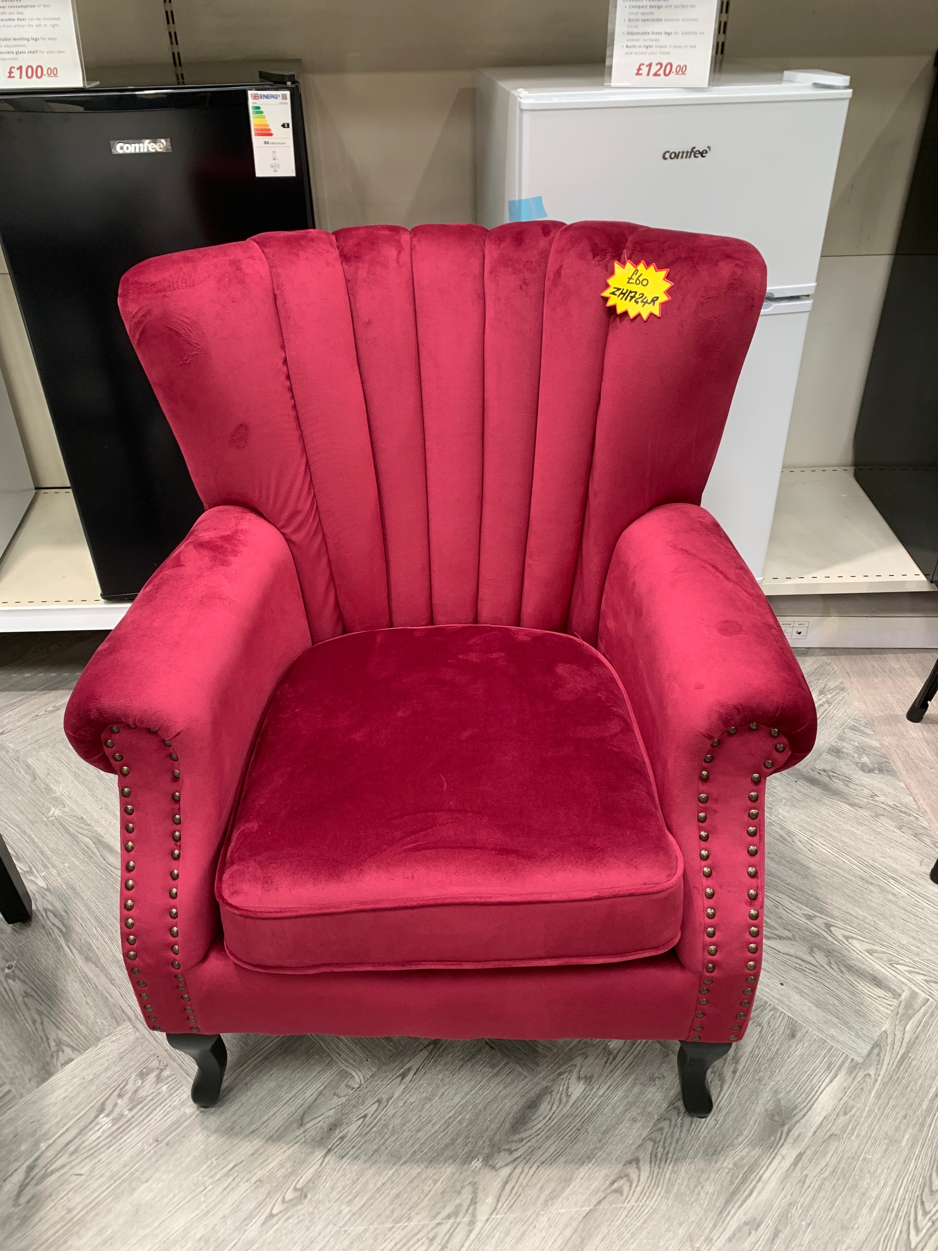 Vintage Velvet Upholstered Wing Back Armchair with Studs Wine Red