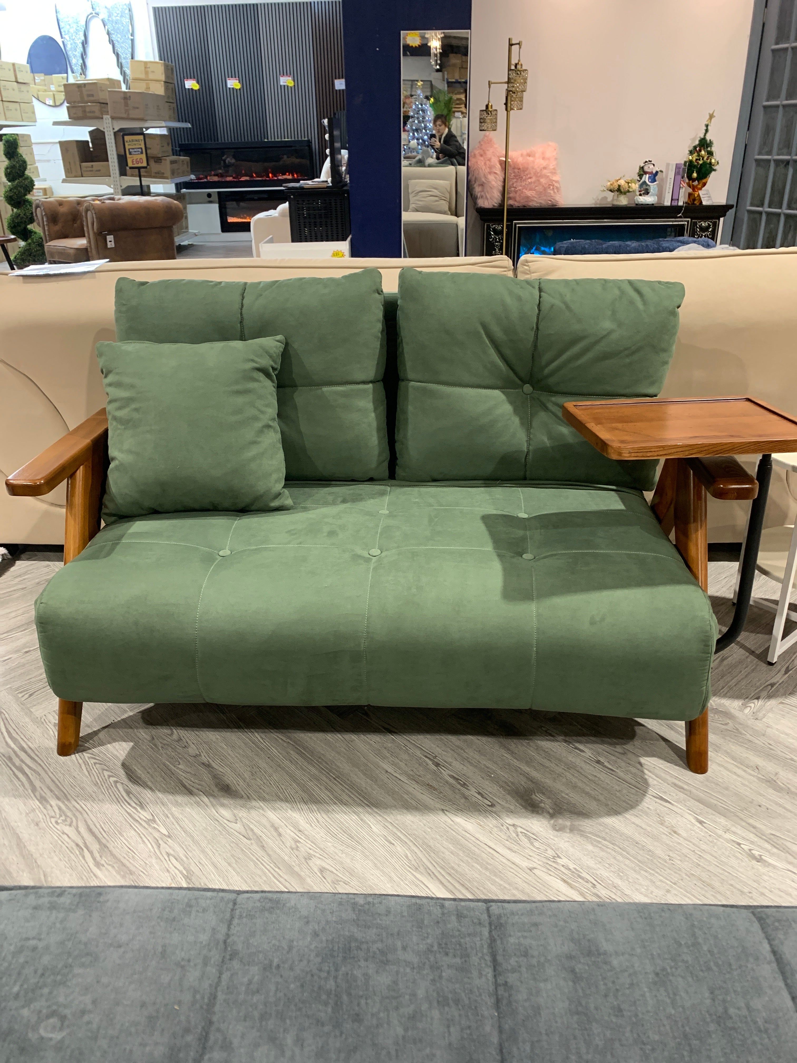 Modern Button Tufted Foldable Sofa Bed with Wooden Side Table Green