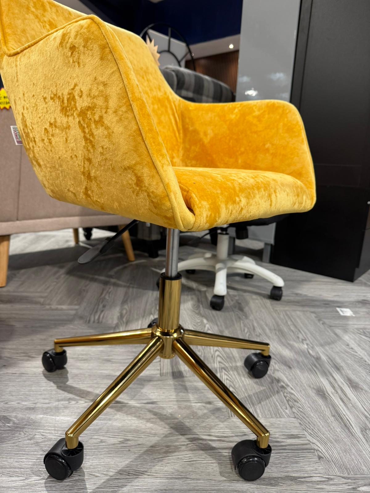 Yellow Velvet Upholstered Home Office Swivel Task Chair with Gold Base