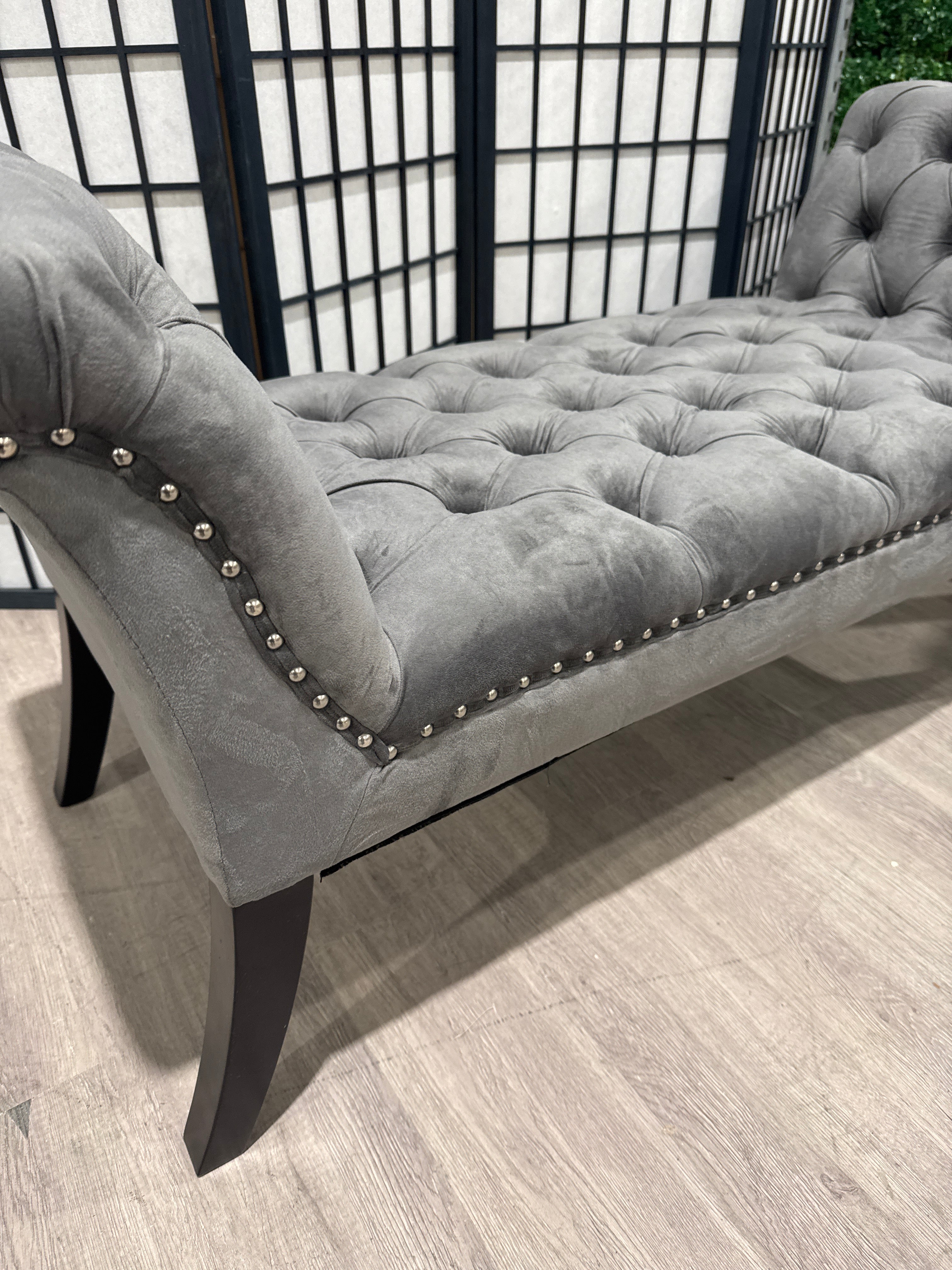 Grey Armed Velvet Buttoned Bed Bench