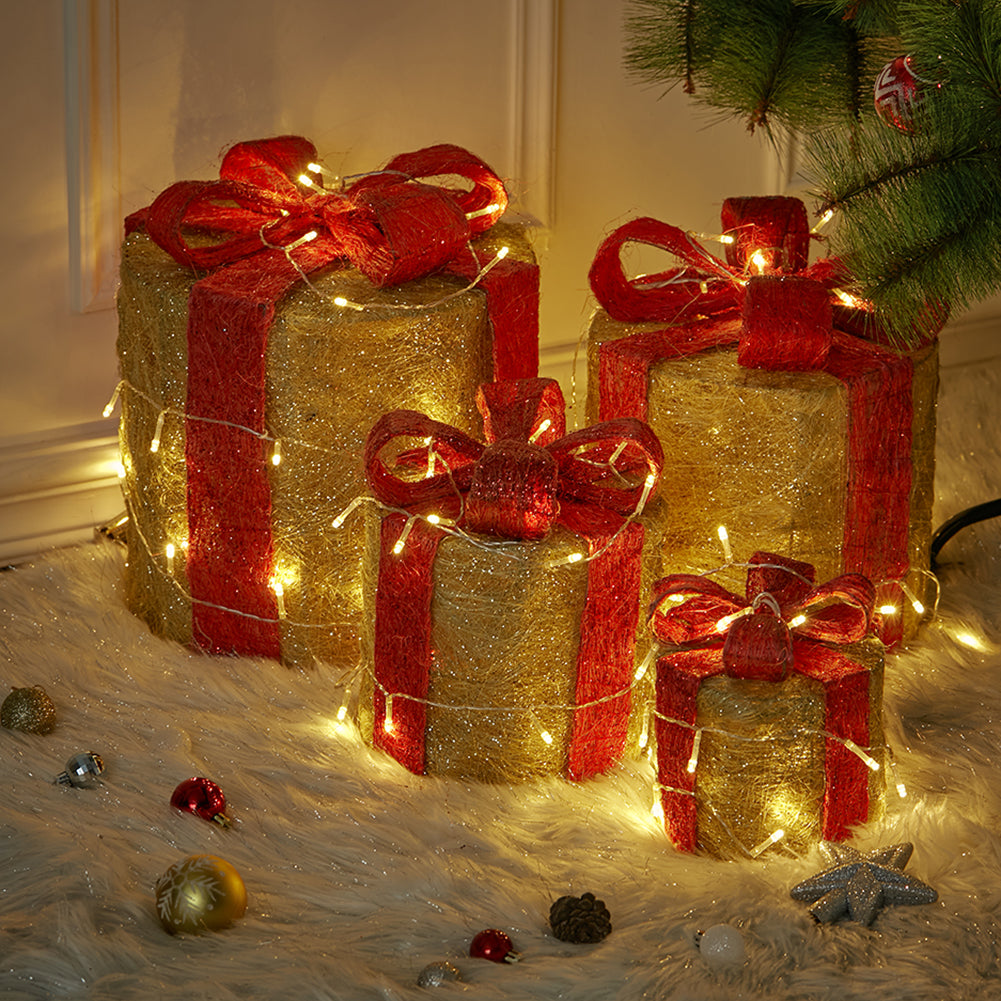 Christmas Gift Box Decorations with LED String Lights 4Pcs