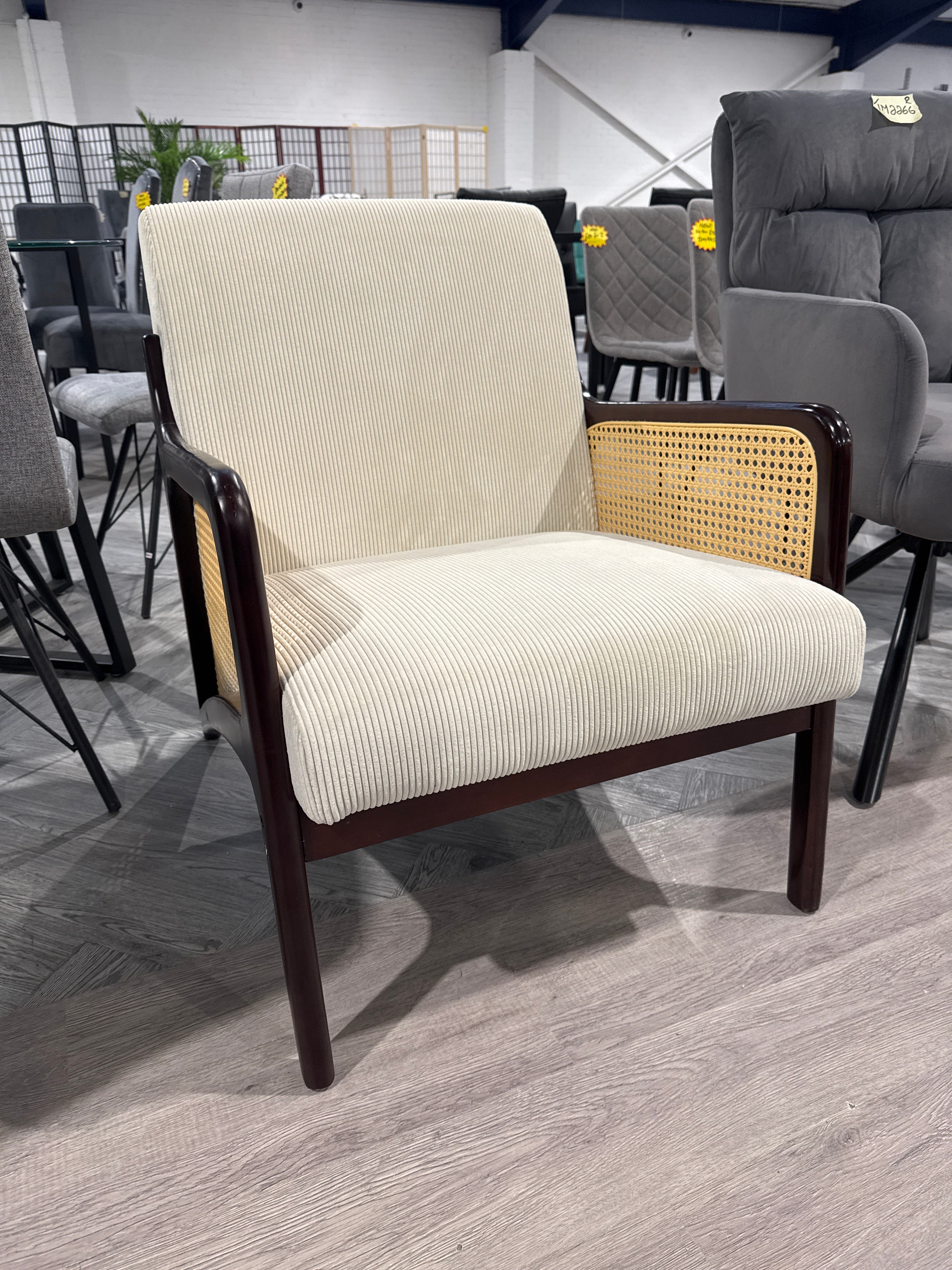 Beige Corduroy Armchair with Rattan Armrest