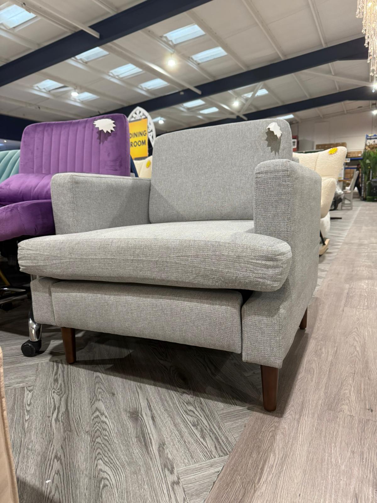 Mid Century Linen Single Sofa Armchair with Walnut Legs Grey