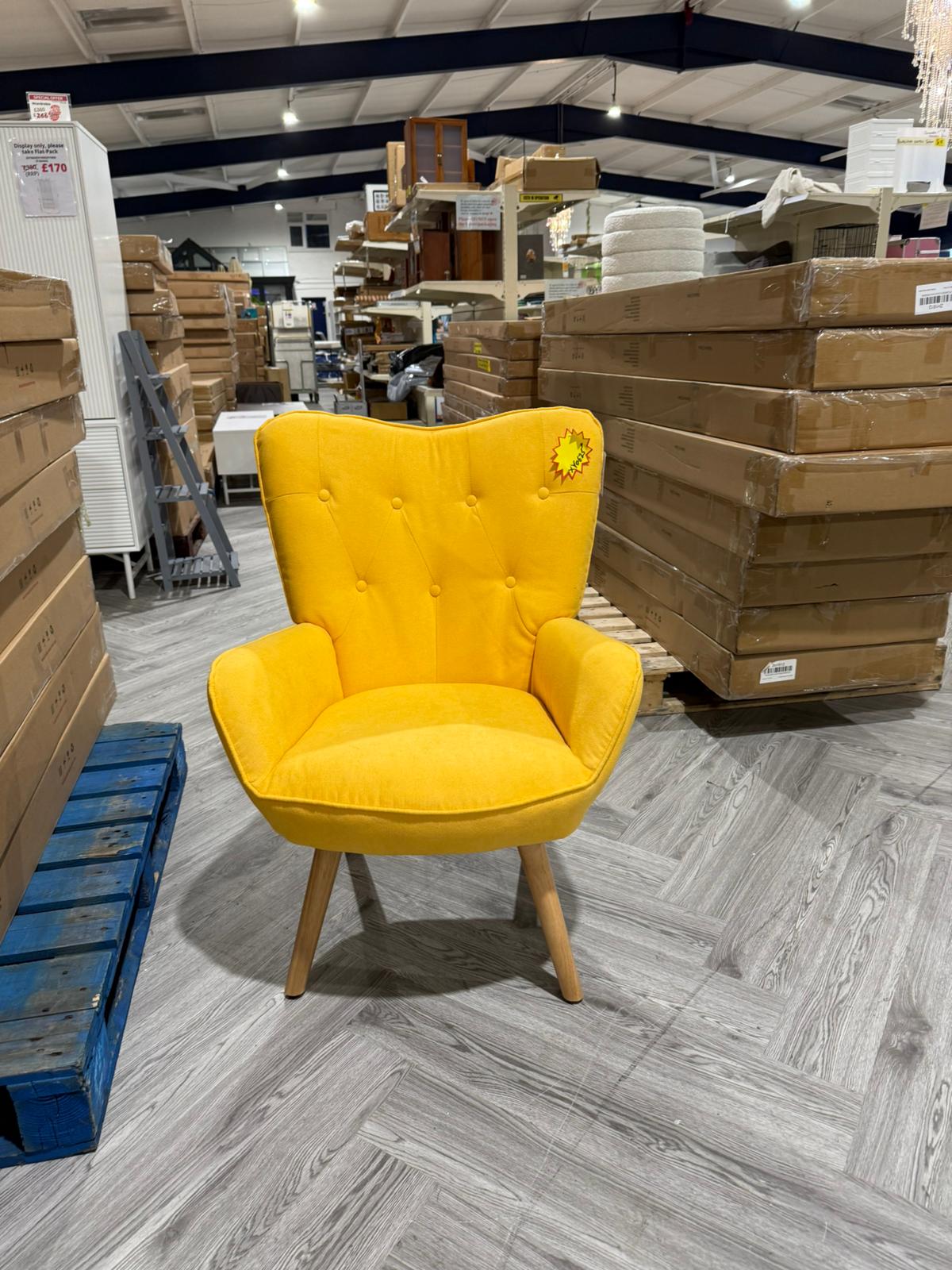 Upholstered Tufted Button Linen Armchair with Wooden Legs Yellow