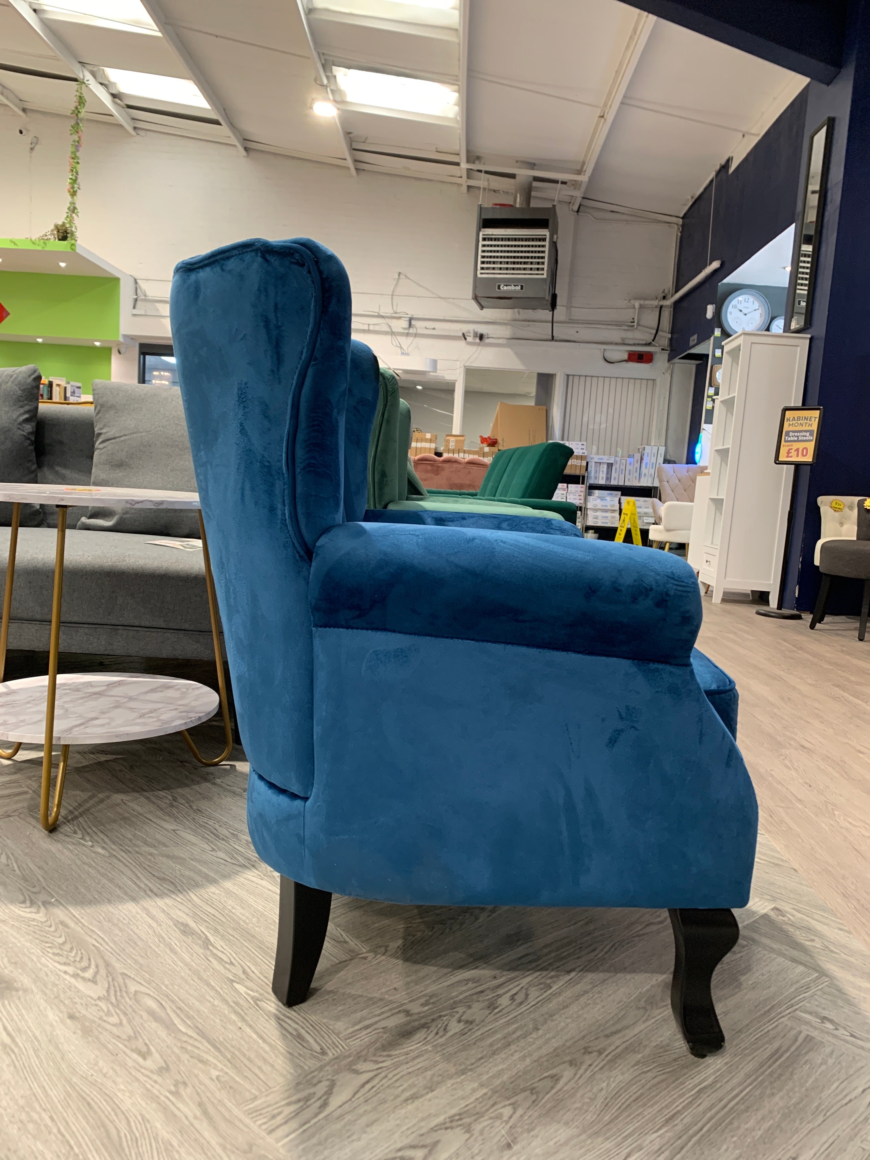 Navy Blue Vintage Velvet Wing Back Armchair with Studs