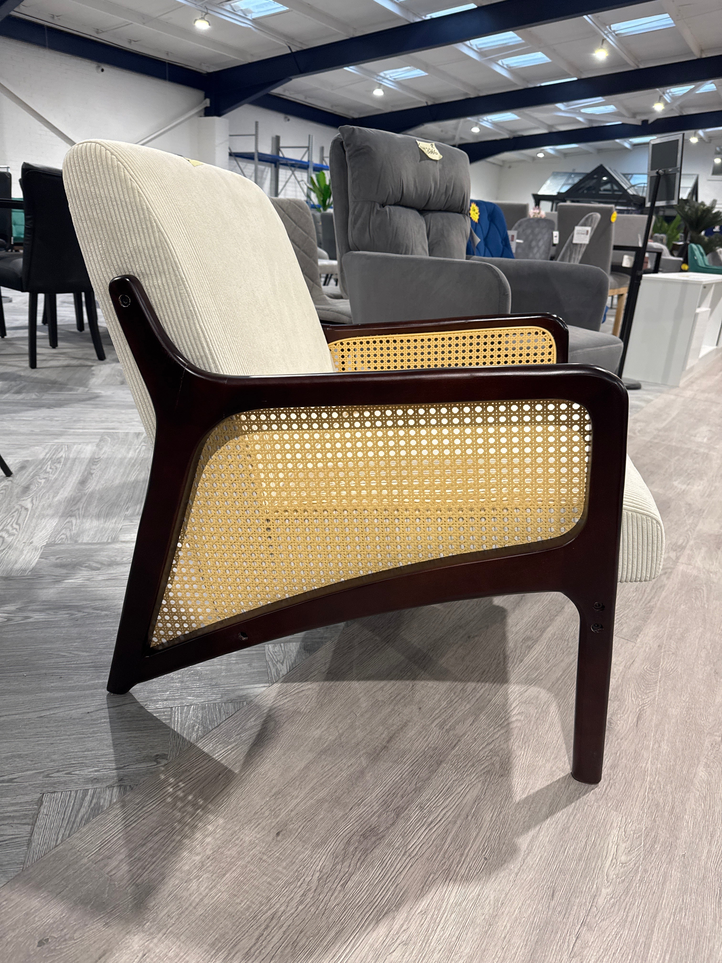 Beige Corduroy Armchair with Rattan Armrest