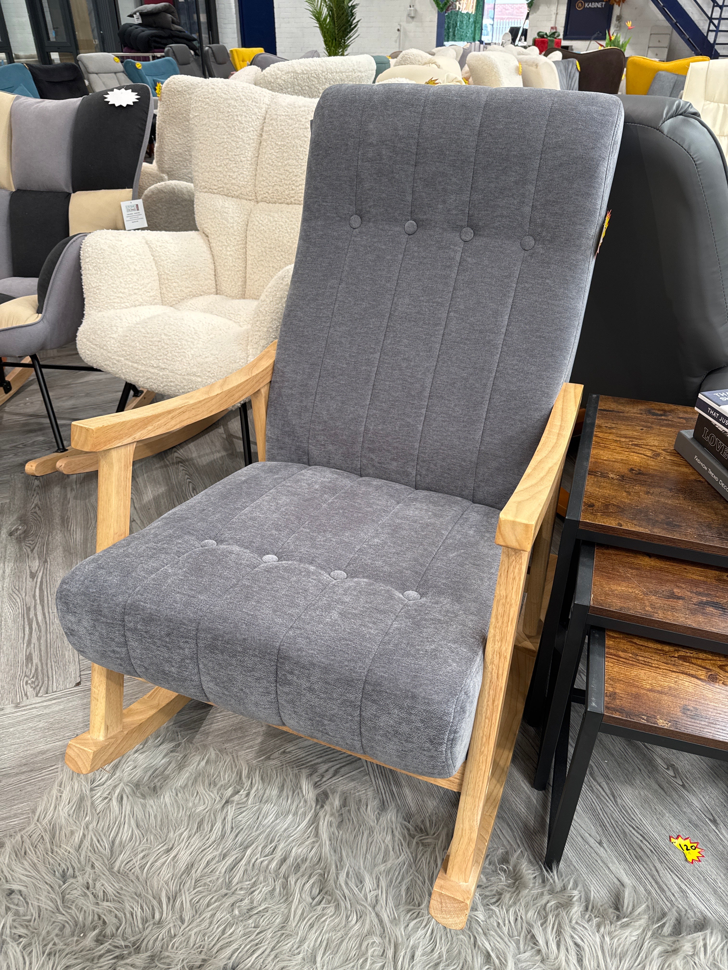 Dark Grey Velvet Upholstered Tufting Wooden Arms Rocking Chair