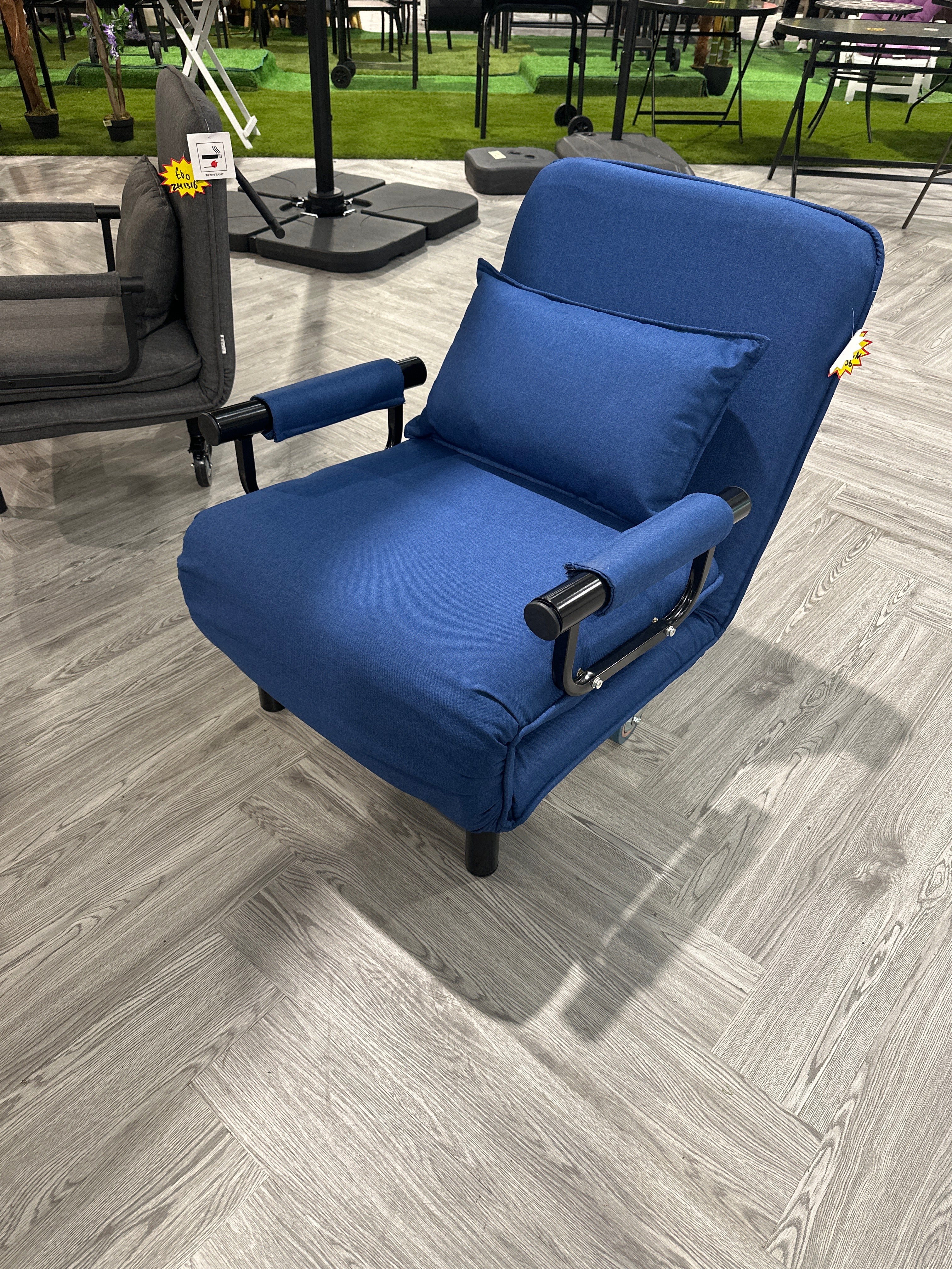 Dark Blue Convertible Chair Lounge and Single Bed with 2 Wheels