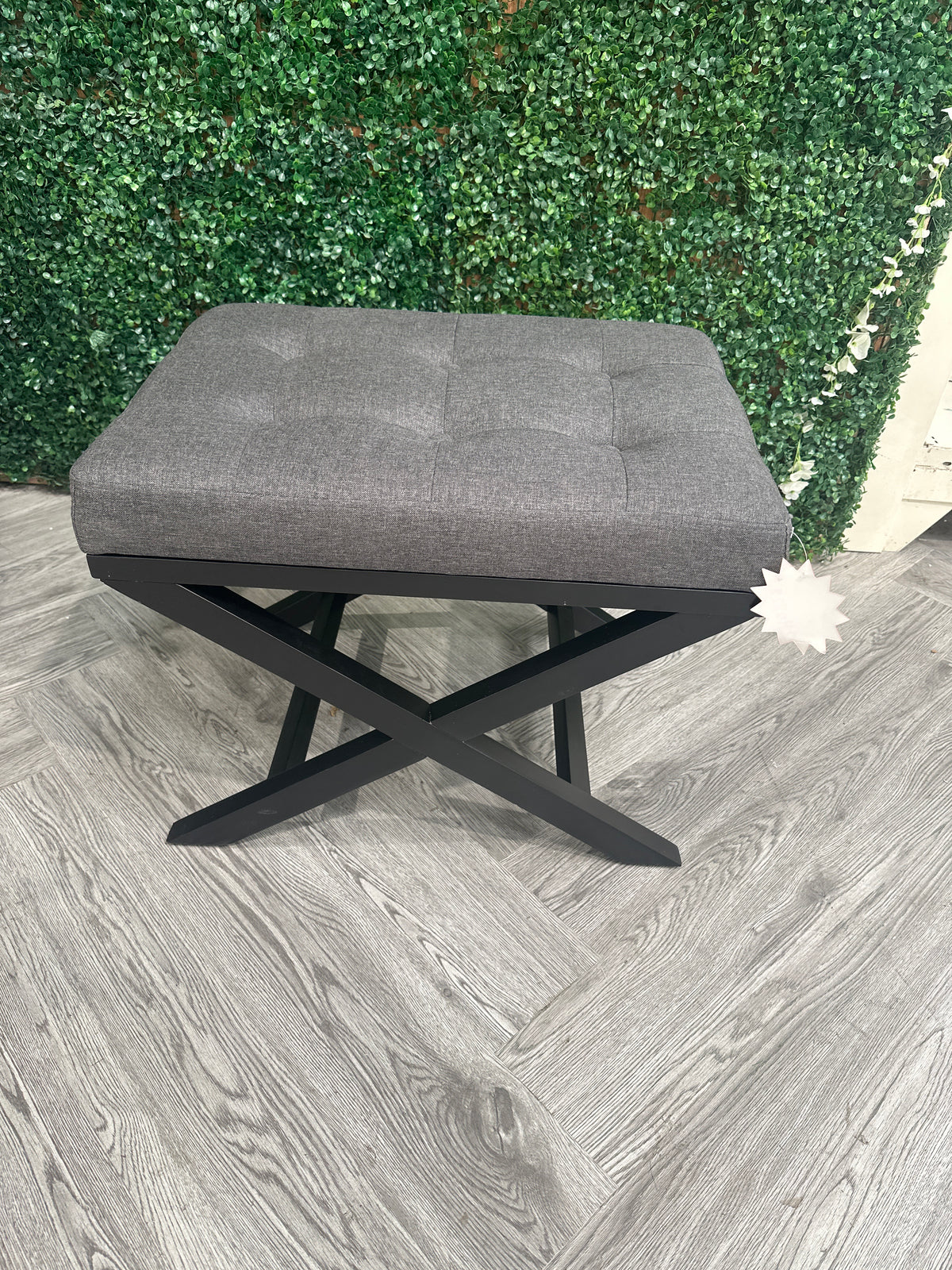 Classic Linen Buttoned Footstool with X-shaped Legs
