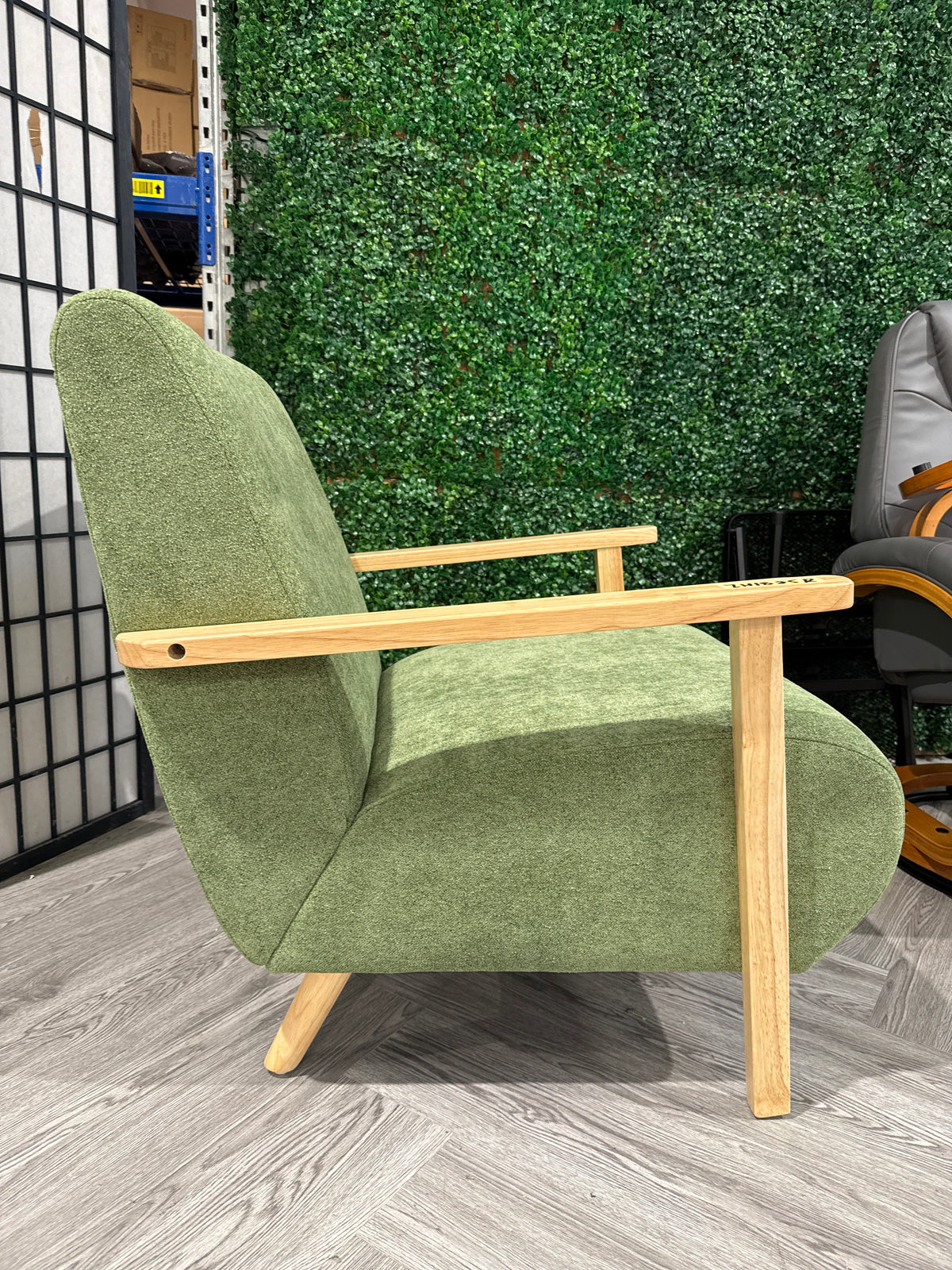 Green Modern Chenille Armchair with Wooden Armrests