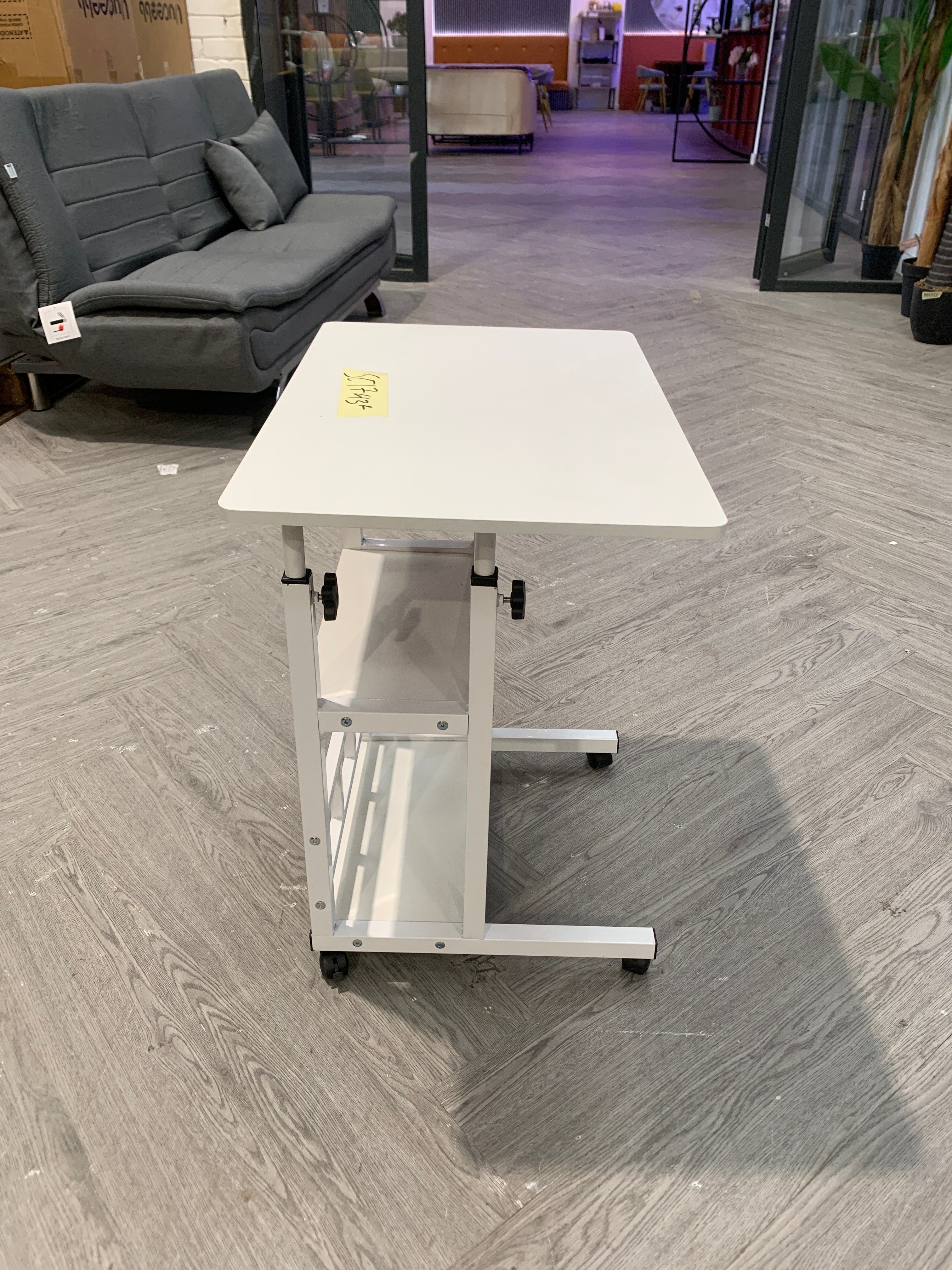 Height Adjustable Mobile Table with Shelves White