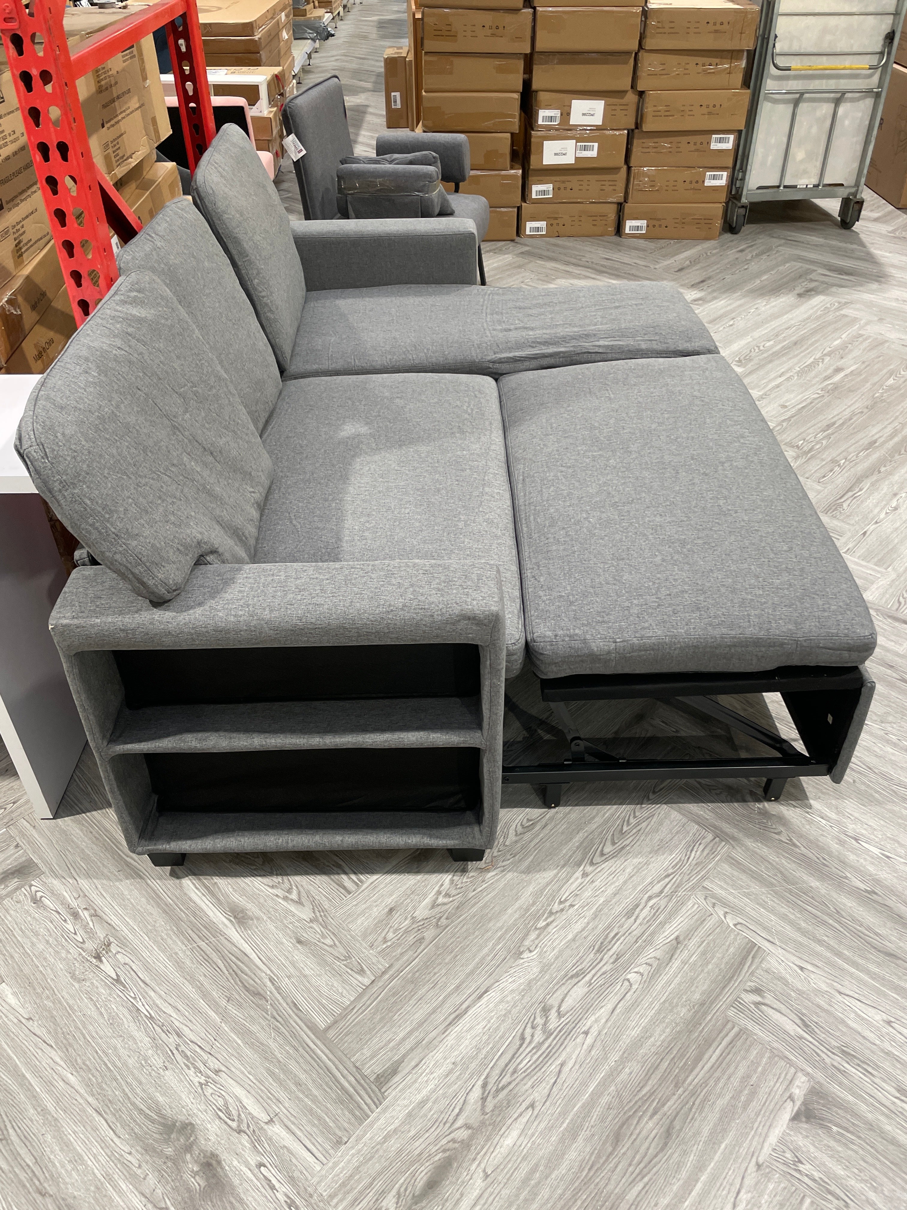 Linen L Shaped Corner Sofa Bed 3 Seater Sofa with Storage and Armrest Shelf Grey