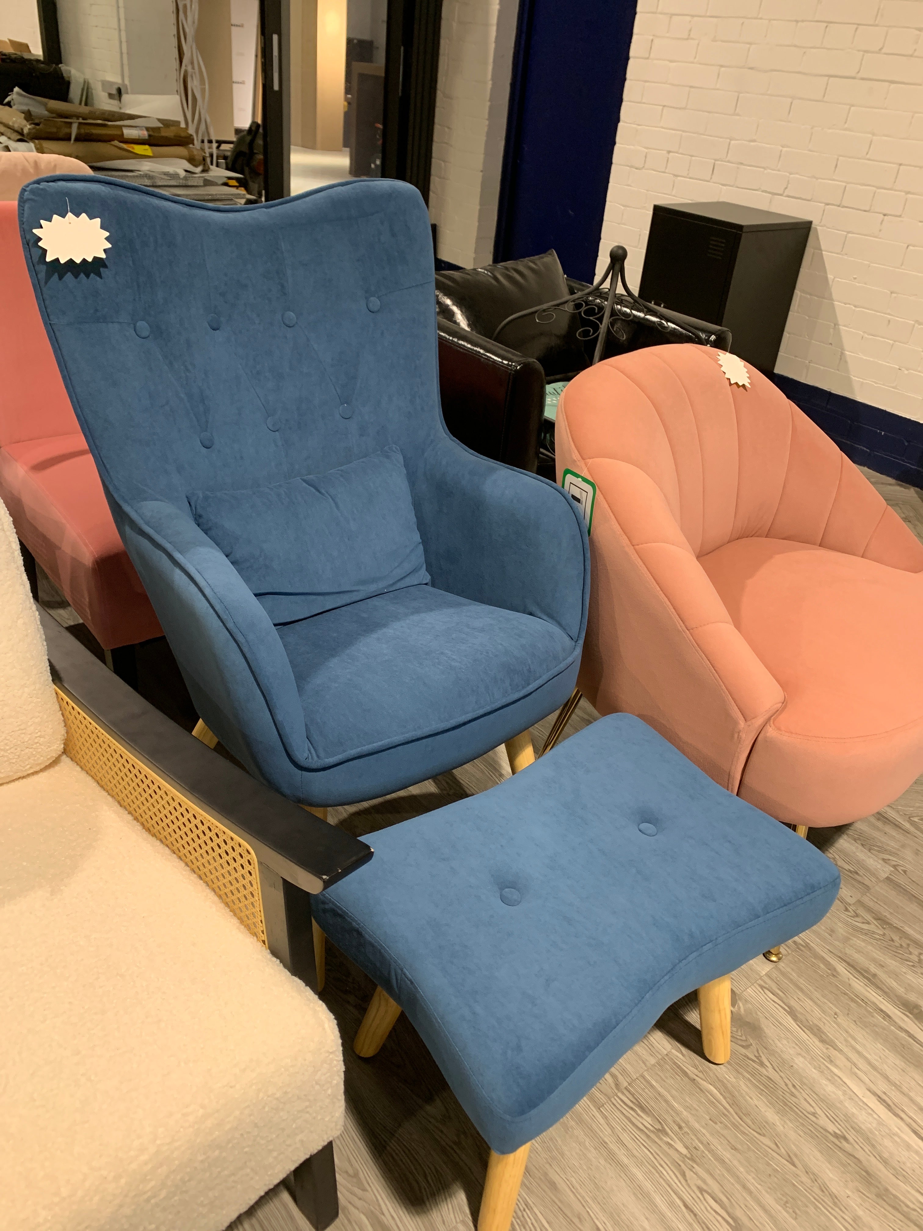 Blue Frosted Velvet Upholstered Armchair with Footstool and Cushion