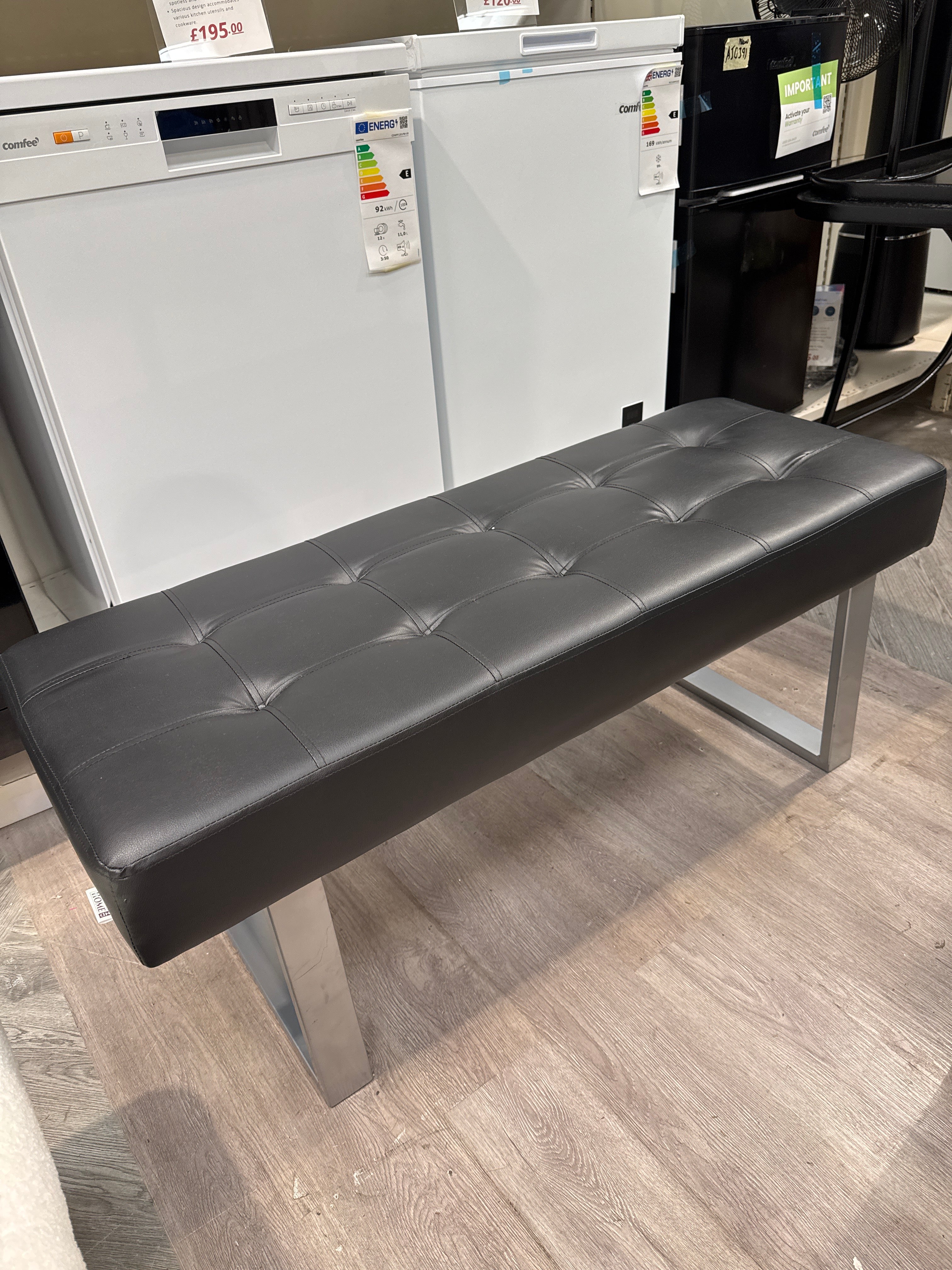 Black Upholstered Bench Button Faux Leather with Steel Legs