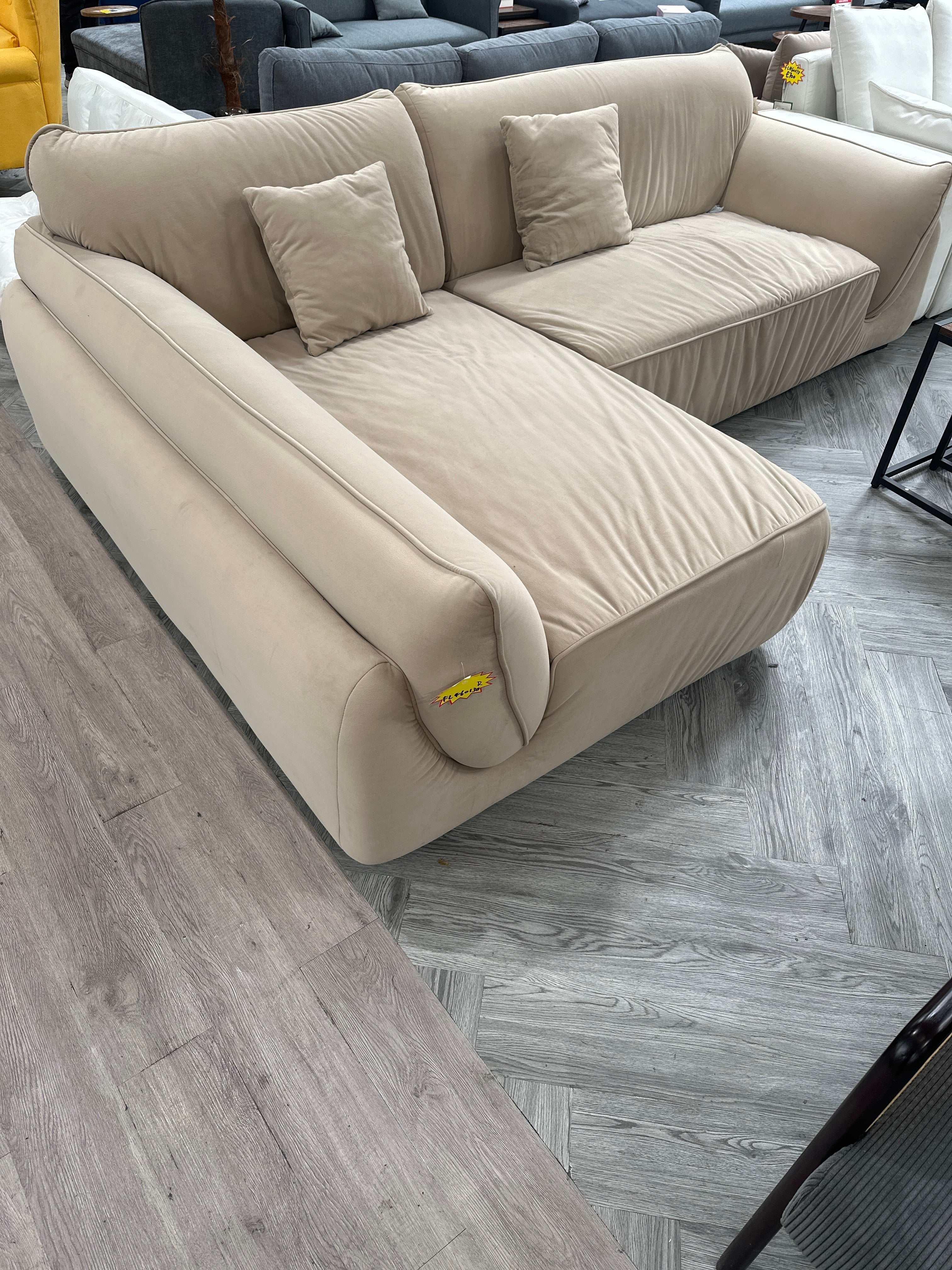 Beige Puffy 3 Seater Corner Sofa with Sloped Armrest