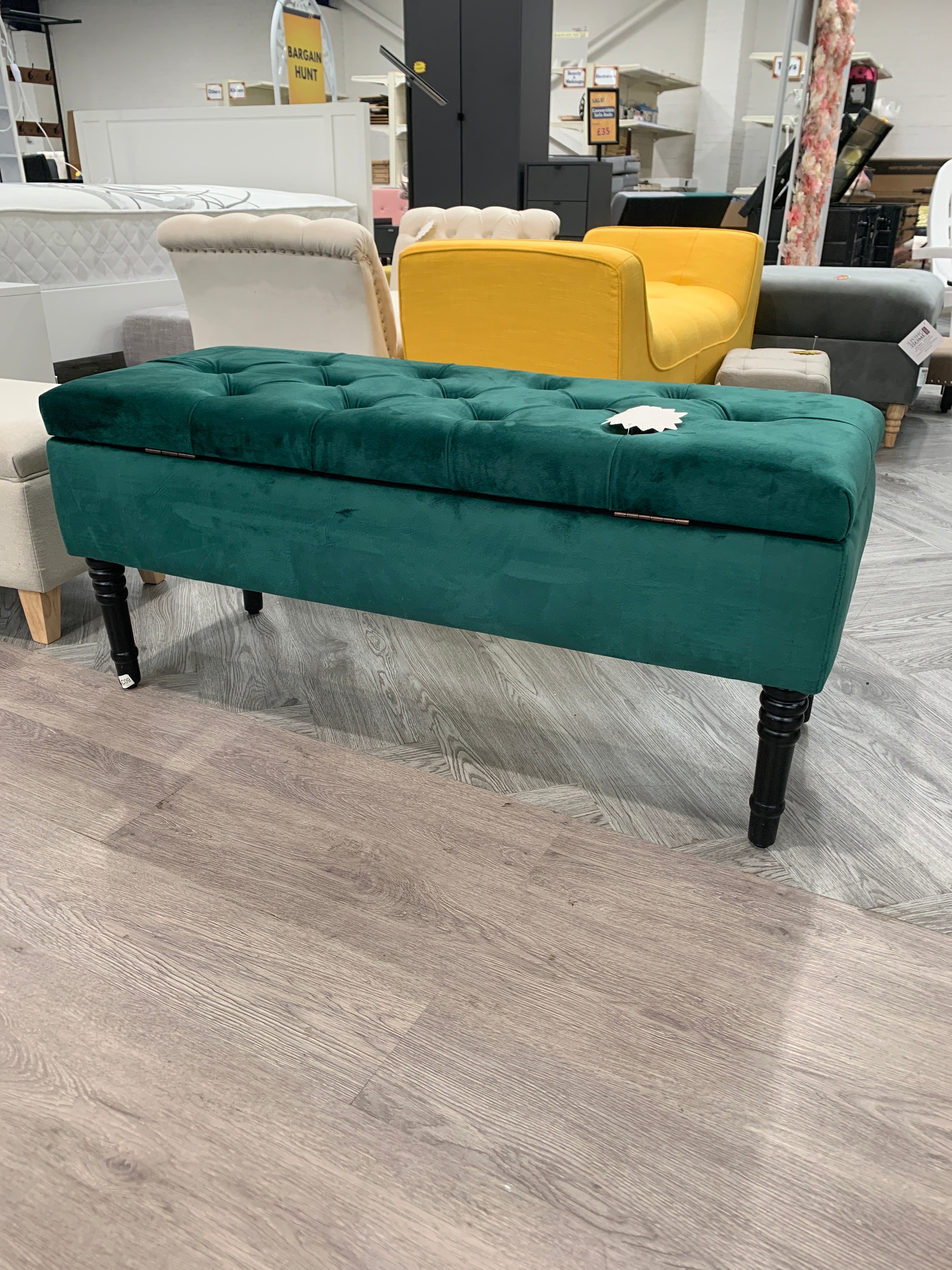 Green Buttoned Velvet Storage Bench