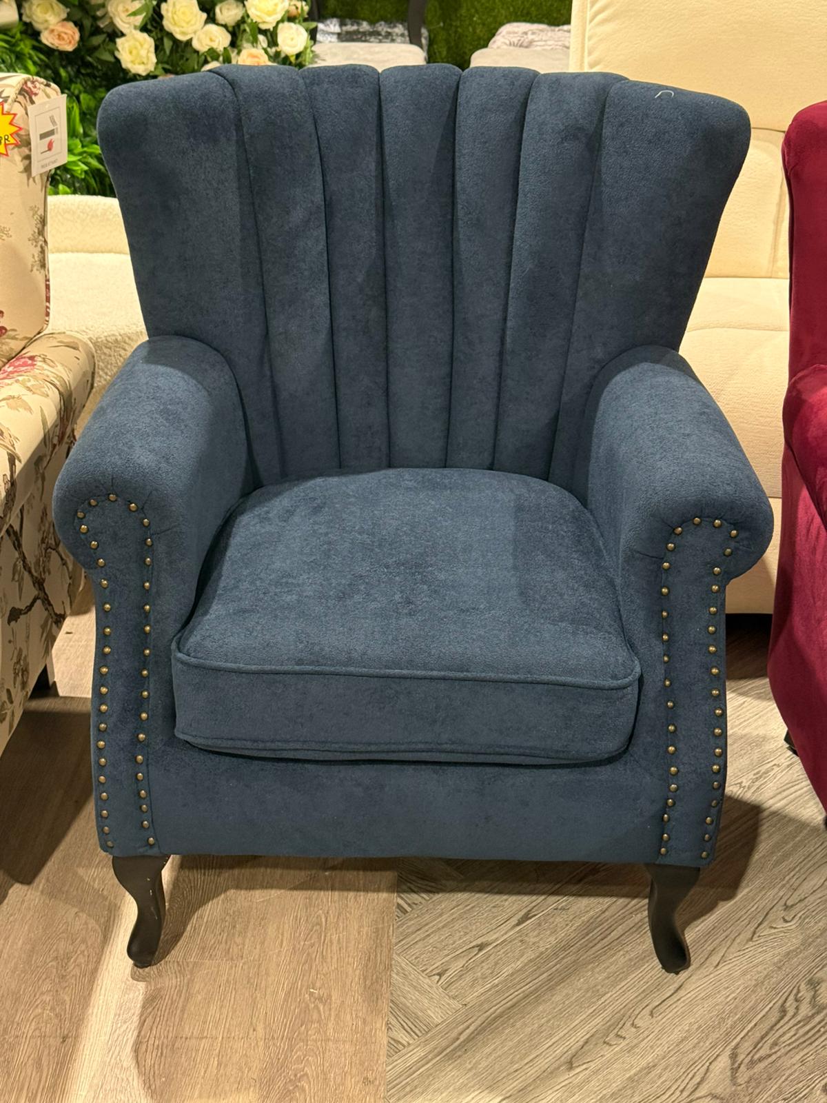 Elegant Chenille Armchair with Rubberwood Legs Blue