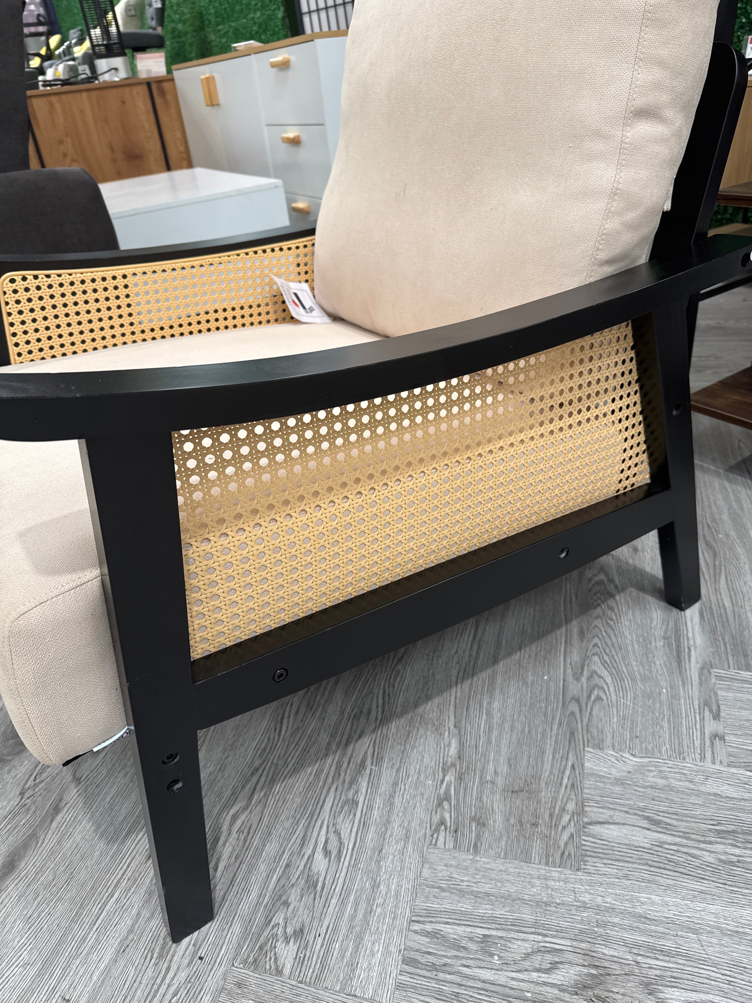 Beige Upholstered Mid Century Rattan Chair