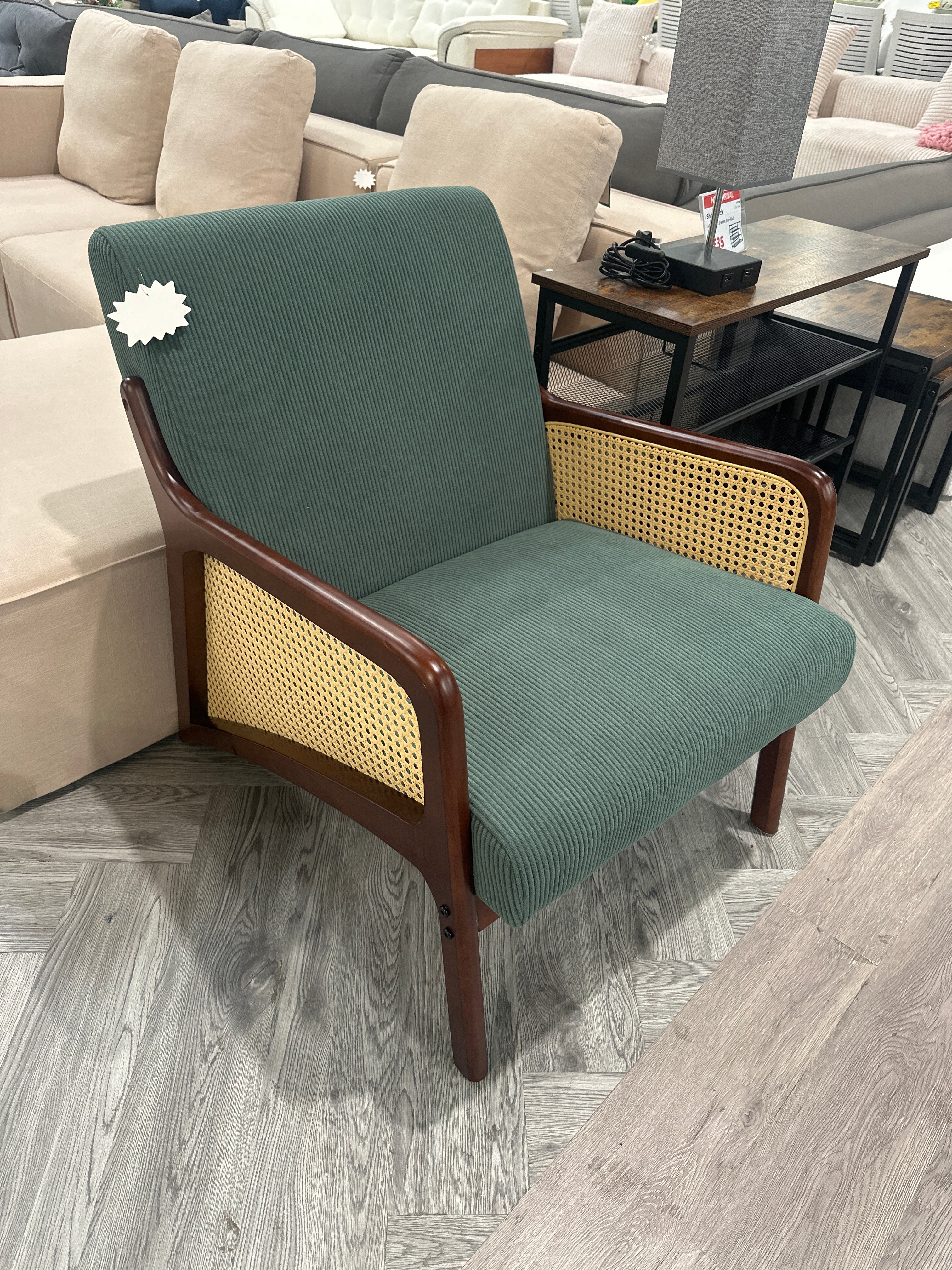 Corduroy Armchair with Rattan Armrest Green