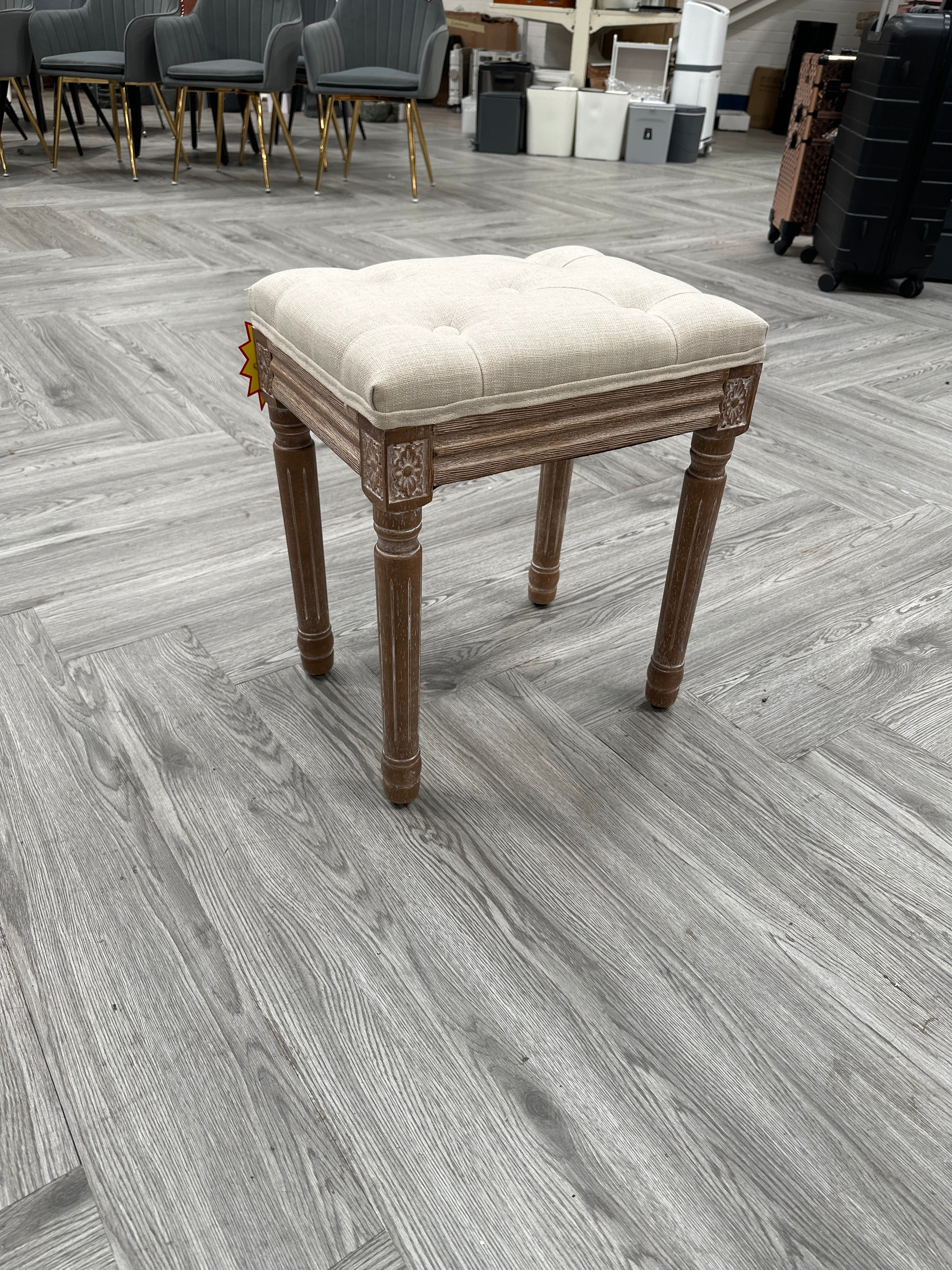 Beige Linen Upholstered Vintage Wooden Dressing Table Stool